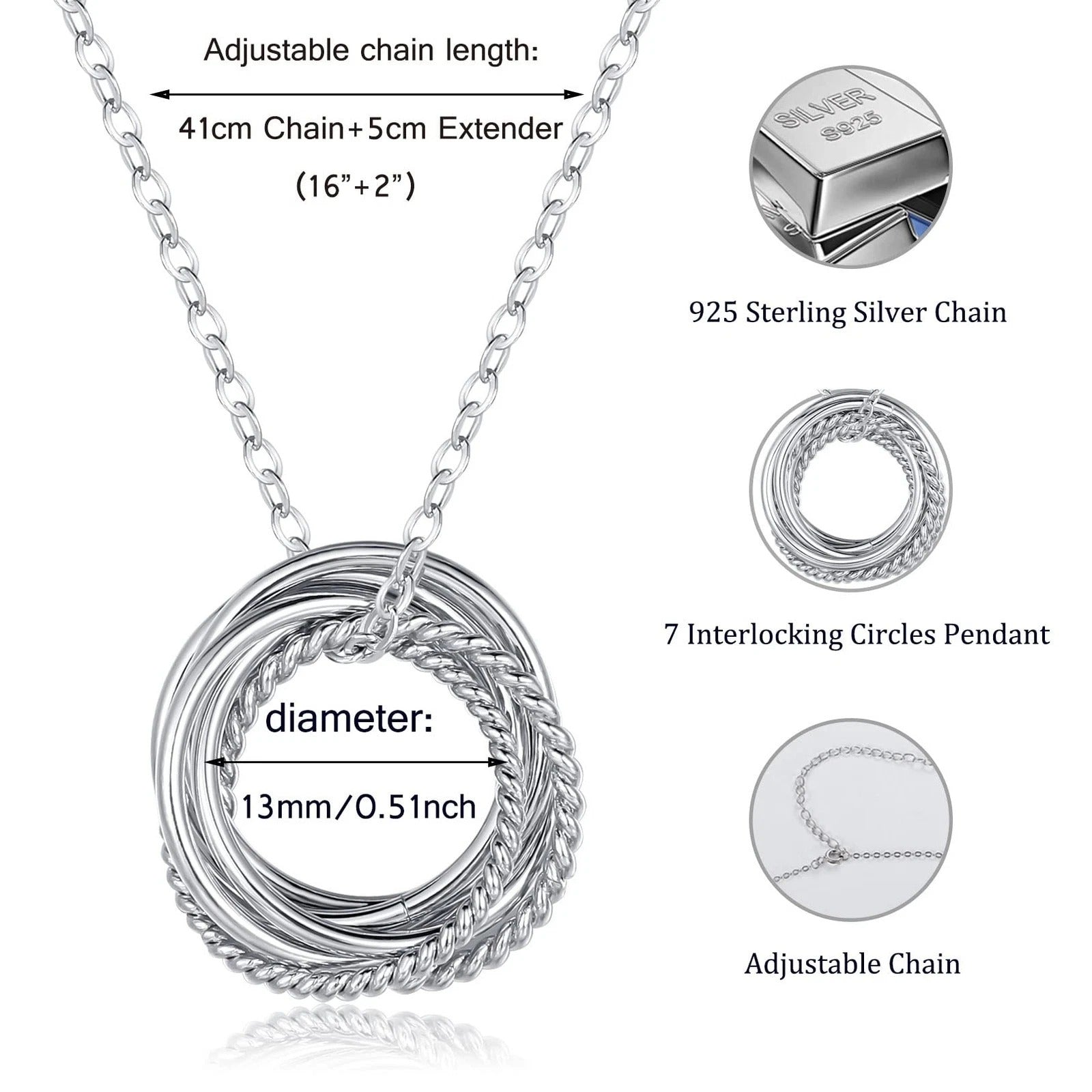 NEW Annamate .925 Sterling Silver Necklace 70th Birthday 7 Rings - New Open Box