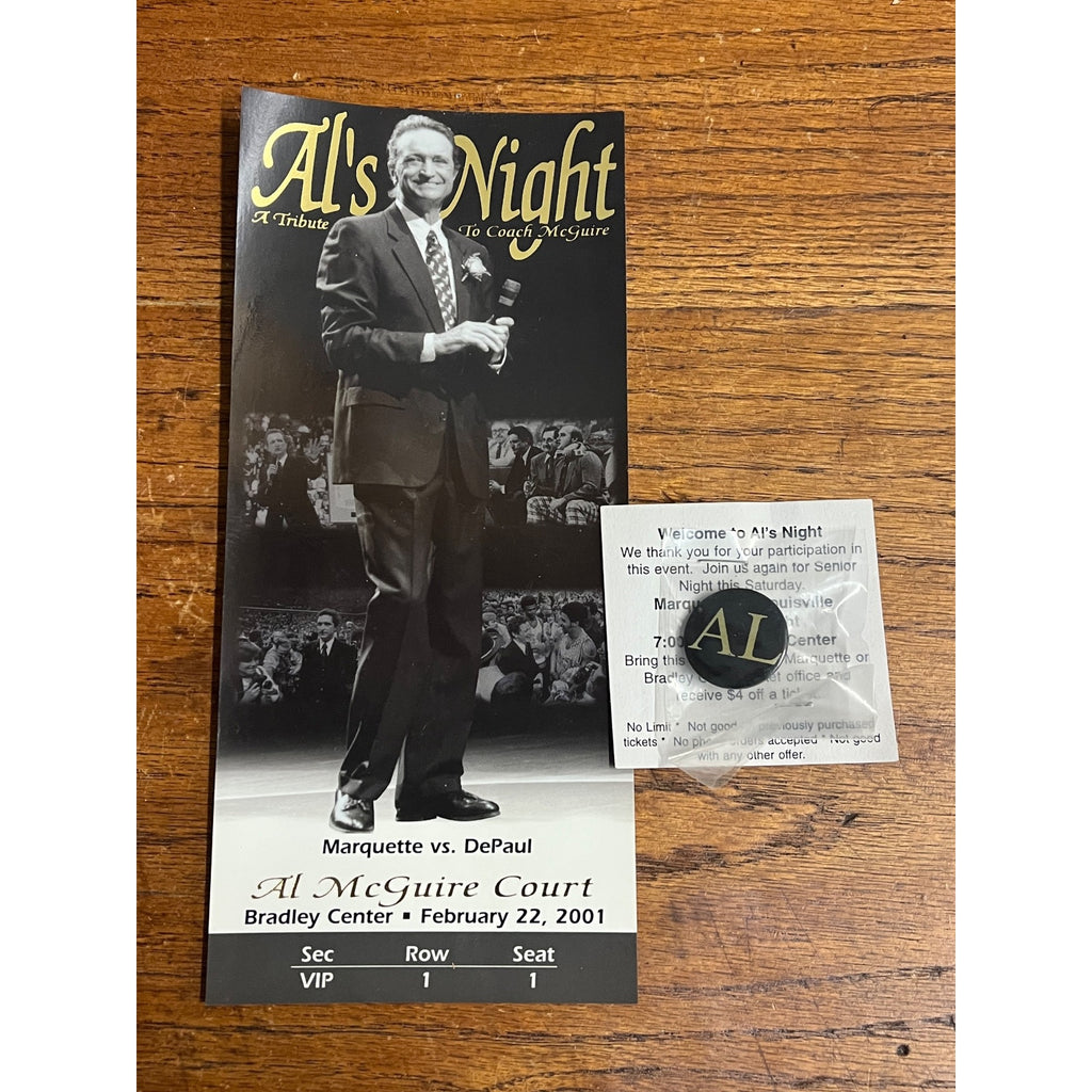 2001 Al McGuire Night Tribute Card & Pin Marquette Warriors Court Dedication SGA