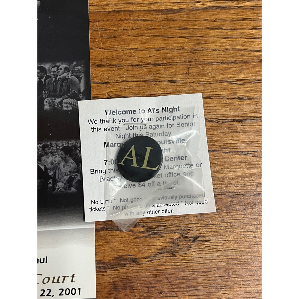 2001 Al McGuire Night Tribute Card & Pin Marquette Warriors Court Dedication SGA