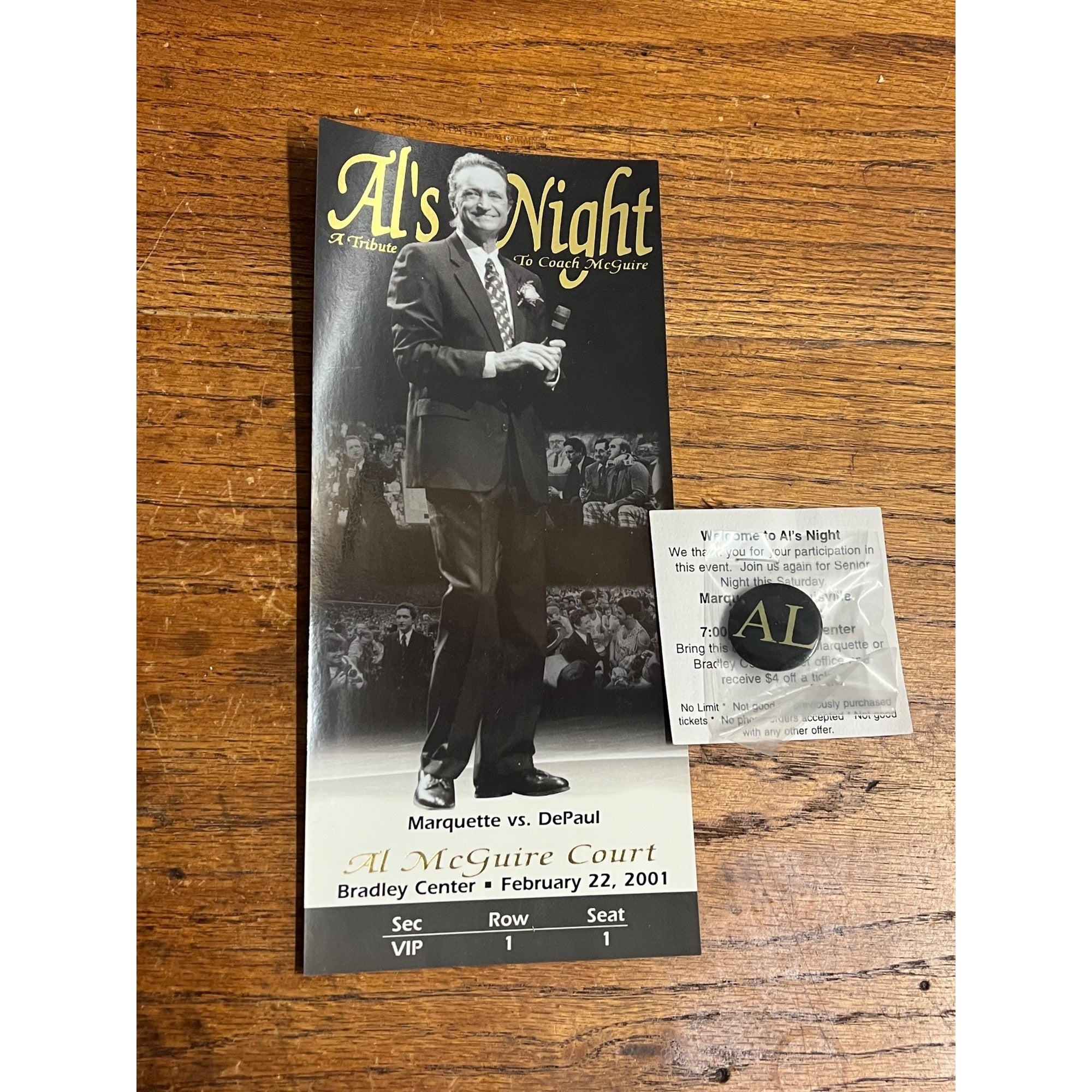 2001 Al McGuire Night Tribute Card & Pin Marquette Warriors Court Dedication SGA