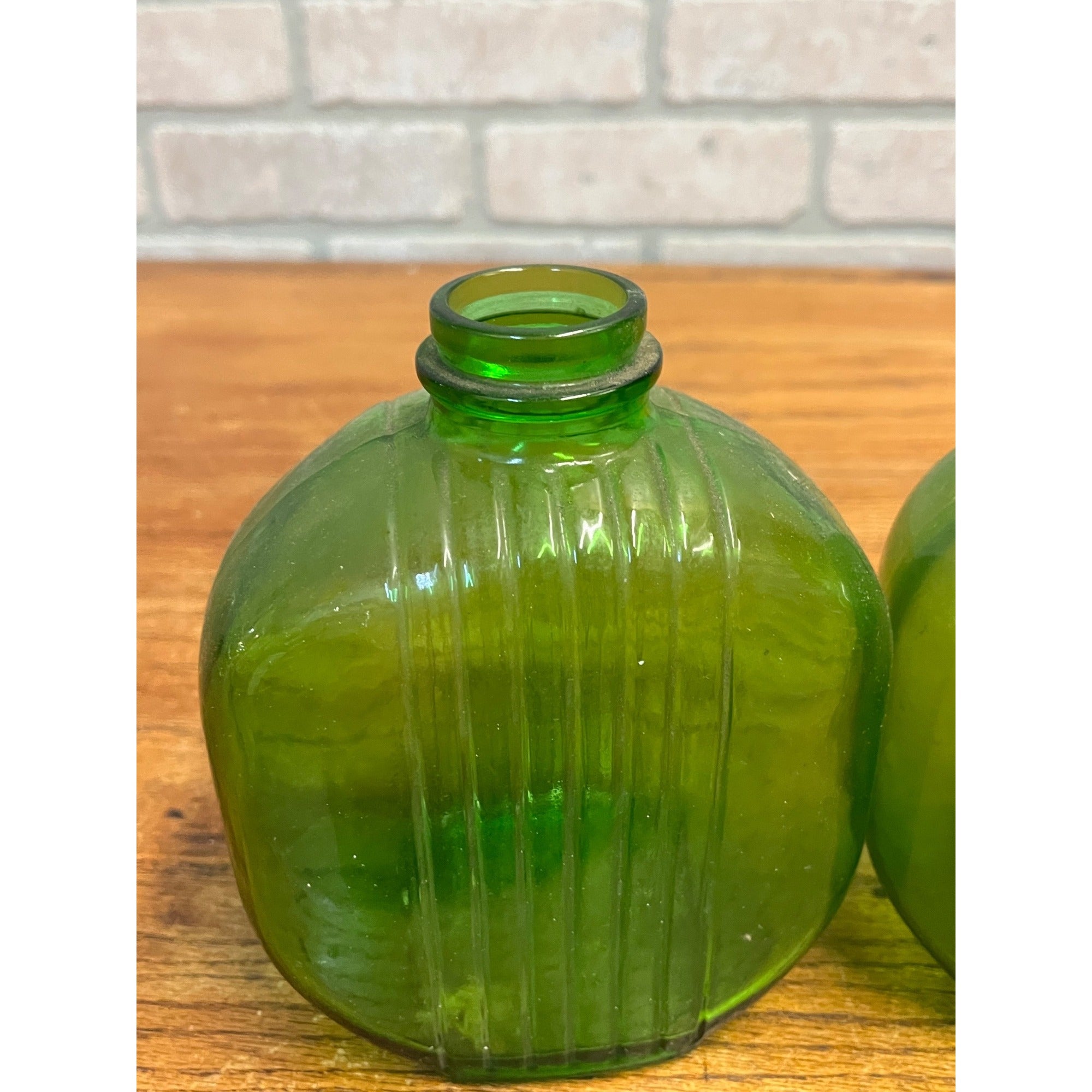 Pair Art Deco Style Mid Century Green Duraglas Ribbed Bottle Kitchen Decor