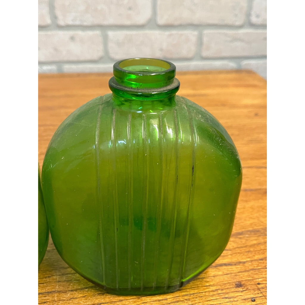Pair Art Deco Style Mid Century Green Duraglas Ribbed Bottle Kitchen Decor