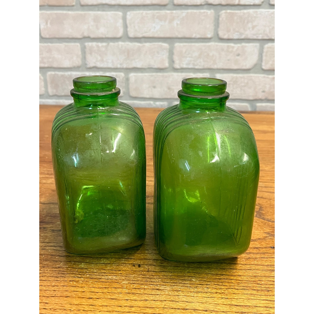 Pair Art Deco Style Mid Century Green Duraglas Ribbed Bottle Kitchen Decor