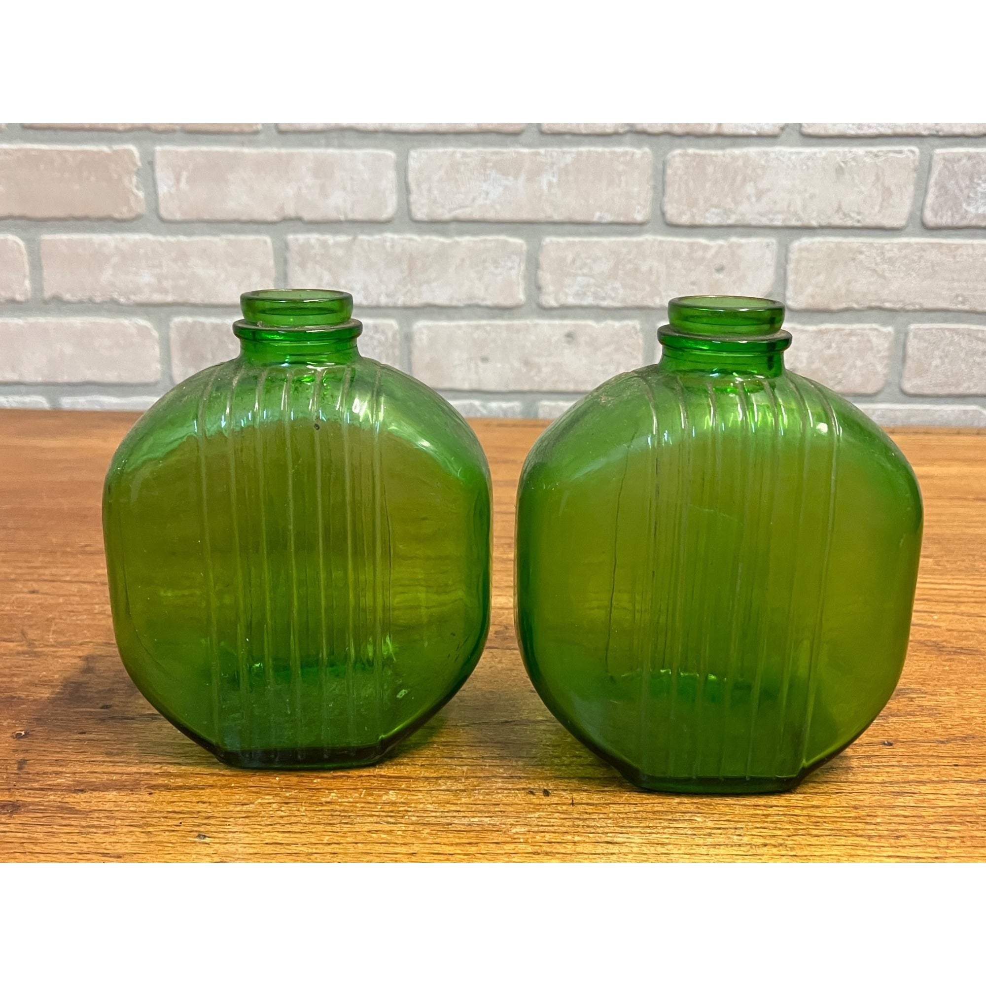 Pair Art Deco Style Mid Century Green Duraglas Ribbed Bottle Kitchen Decor
