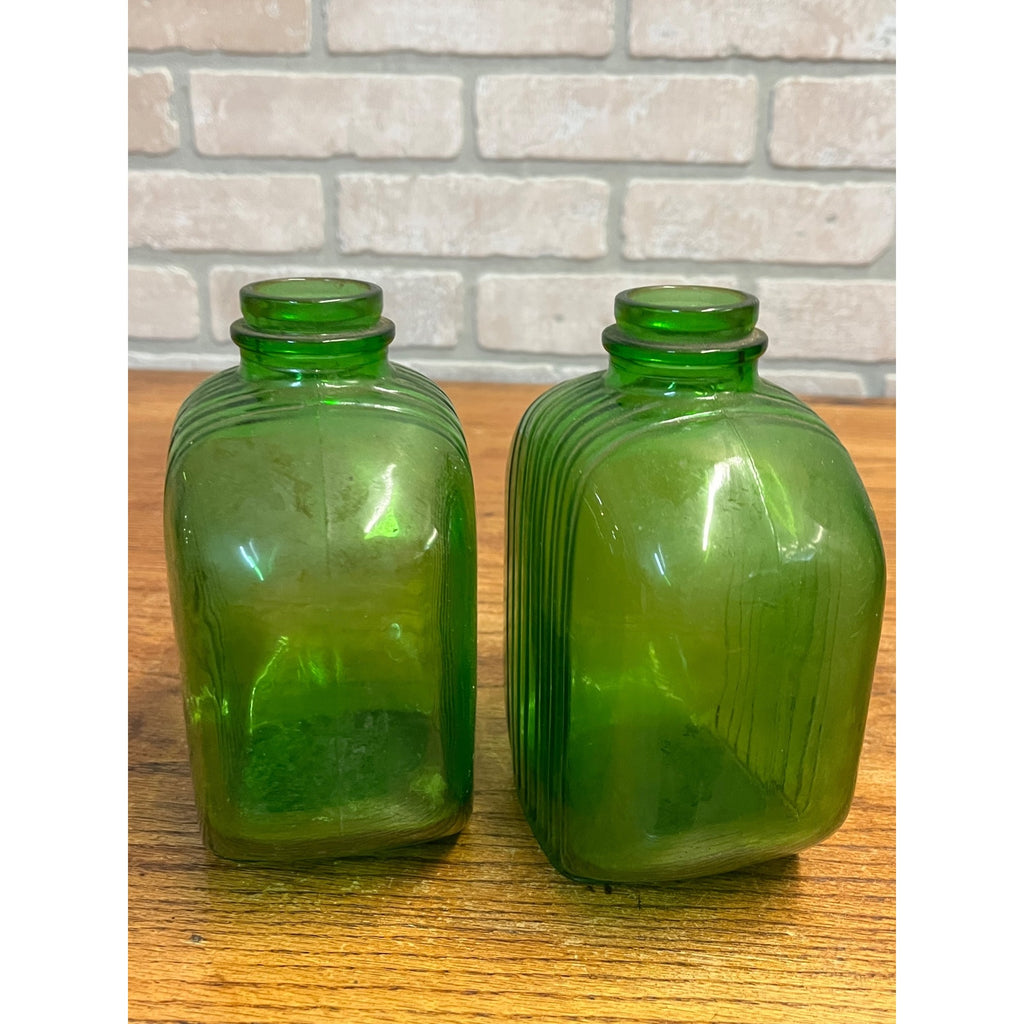 Pair Art Deco Style Mid Century Green Duraglas Ribbed Bottle Kitchen Decor