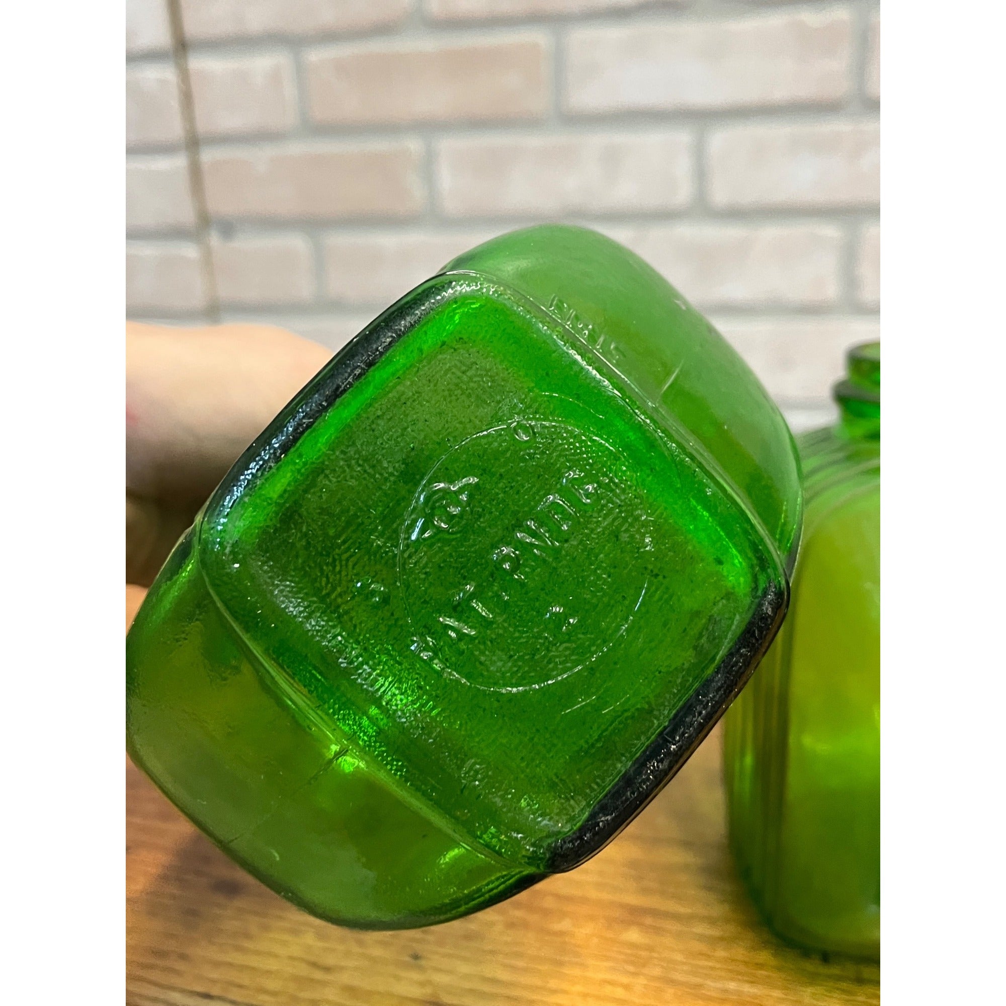 Pair Art Deco Style Mid Century Green Duraglas Ribbed Bottle Kitchen Decor