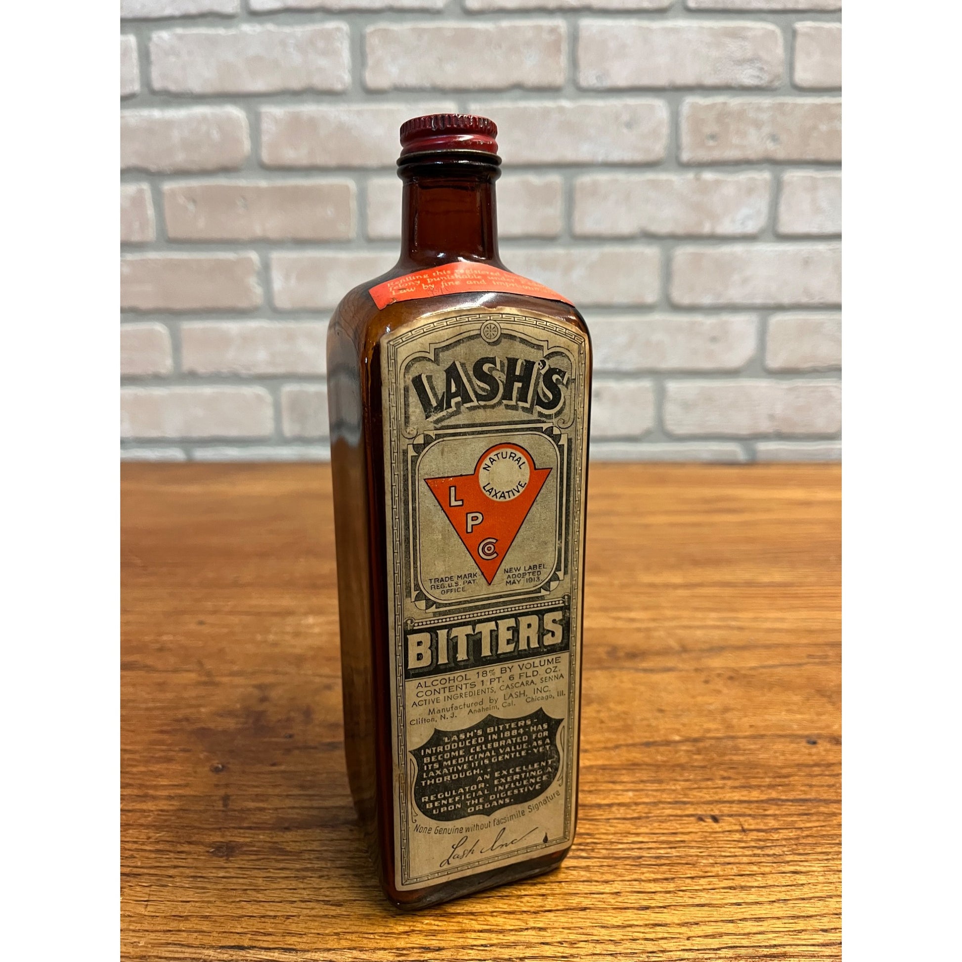 Antique 1913 Lash’s Bitters Tonic Laxative Paper Label Bottle Amber Brown