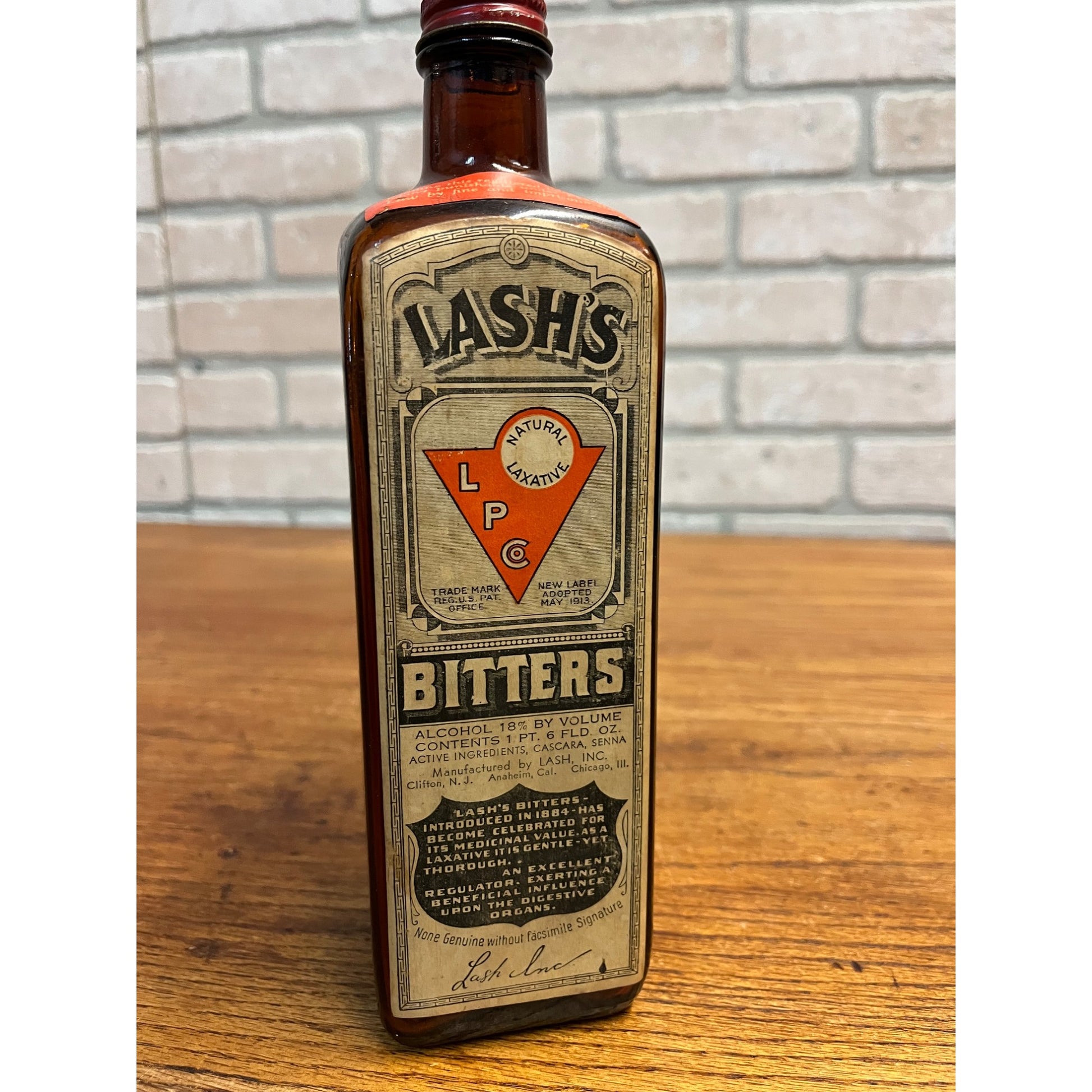 Antique 1913 Lash’s Bitters Tonic Laxative Paper Label Bottle Amber Brown
