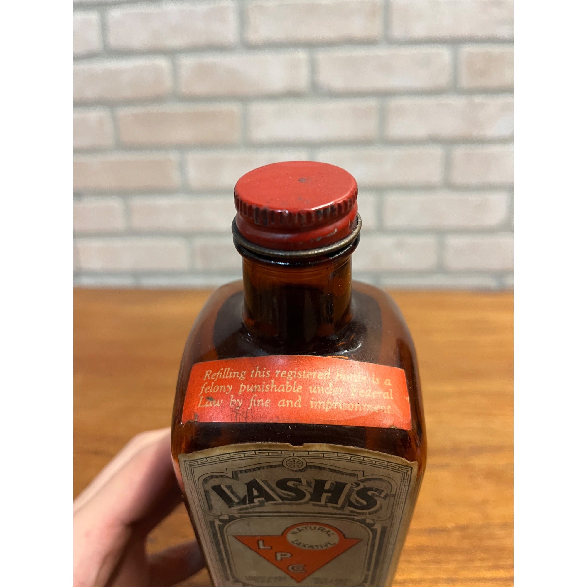 Antique 1913 Lash’s Bitters Tonic Laxative Paper Label Bottle Amber Brown