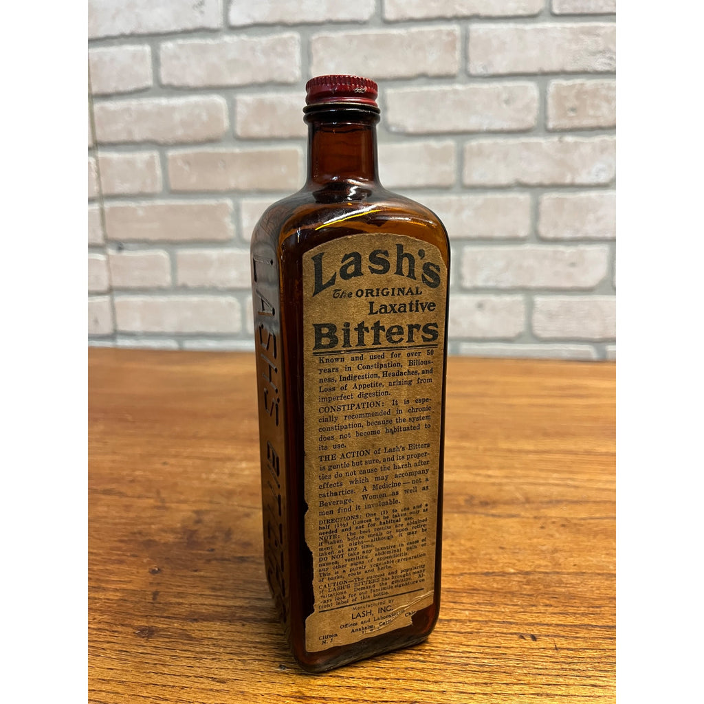 Antique 1913 Lash’s Bitters Tonic Laxative Paper Label Bottle Amber Brown