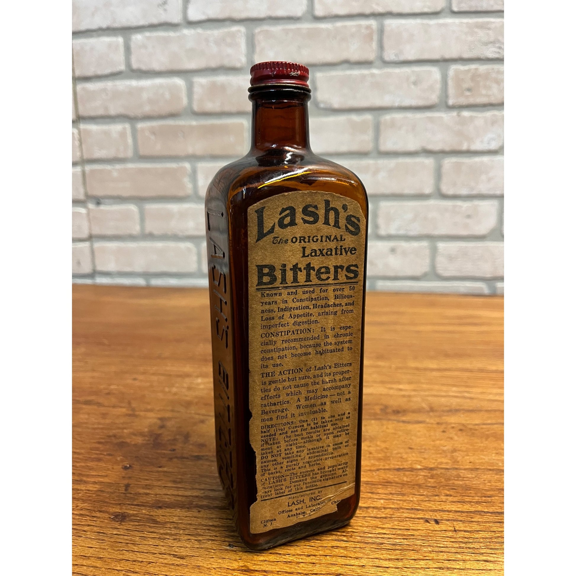 Antique 1913 Lash’s Bitters Tonic Laxative Paper Label Bottle Amber Brown