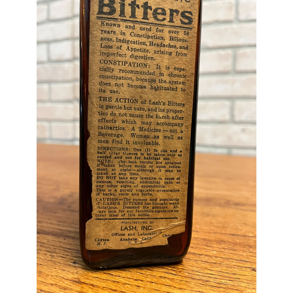 Antique 1913 Lash’s Bitters Tonic Laxative Paper Label Bottle Amber Brown