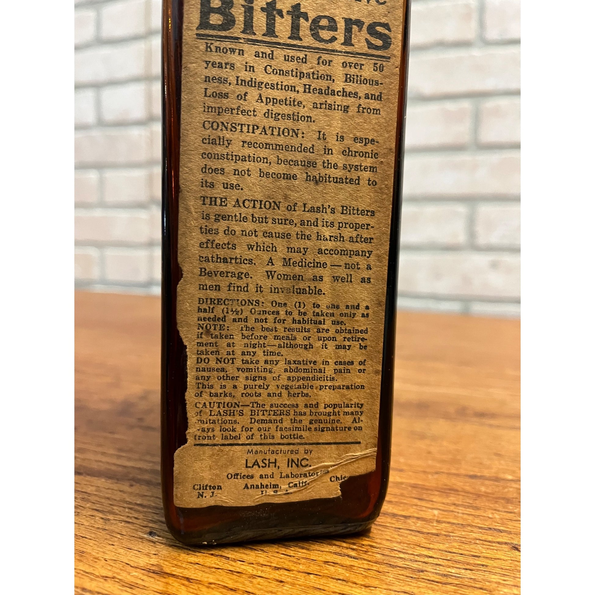 Antique 1913 Lash’s Bitters Tonic Laxative Paper Label Bottle Amber Brown