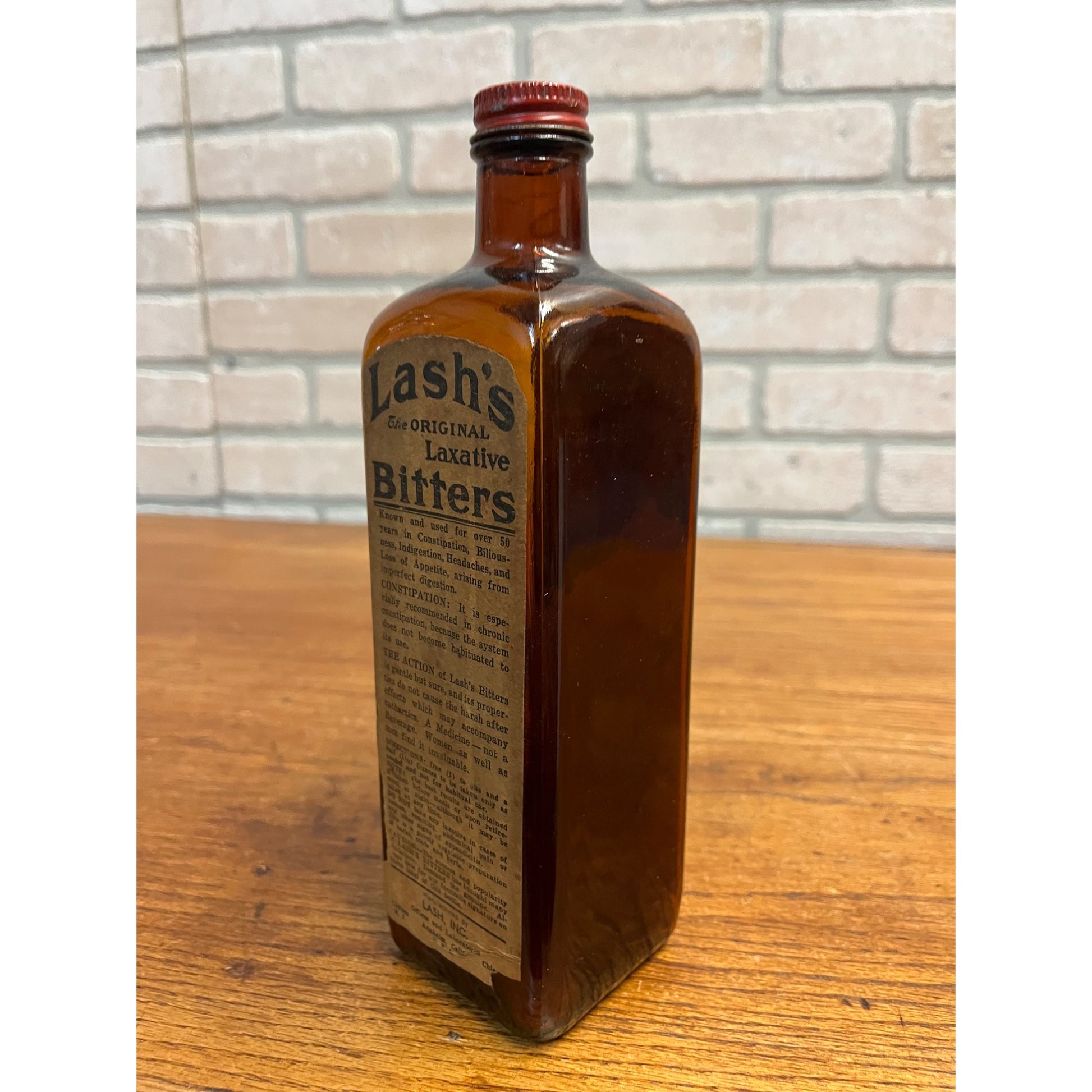 Antique 1913 Lash’s Bitters Tonic Laxative Paper Label Bottle Amber Brown