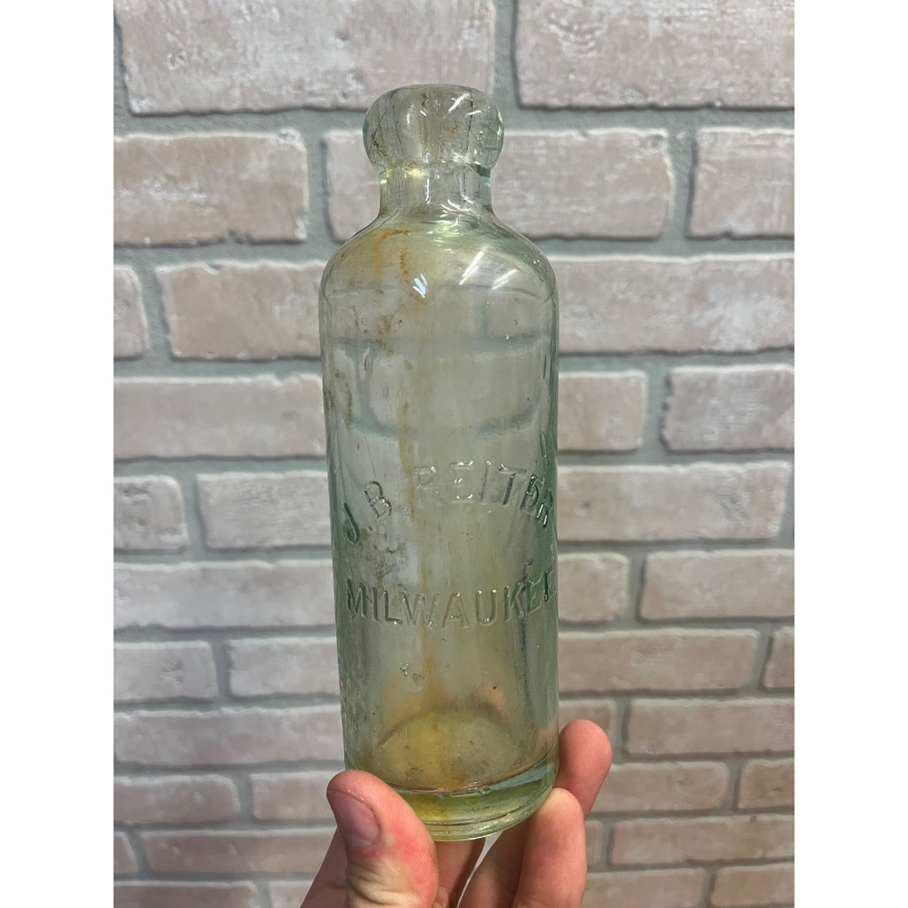 J.B. Reiter c1890s Milwaukee Wis Blue Soda Beer Bottle Blob Top Hutchinson