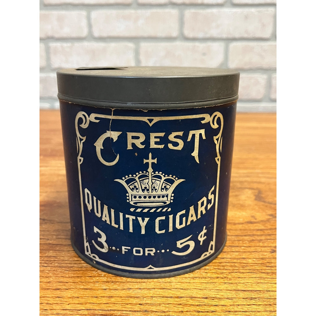 Vintage 1920s Crest Cigars Advertising Tin John Ulrich Cincinnati OH Paper Label