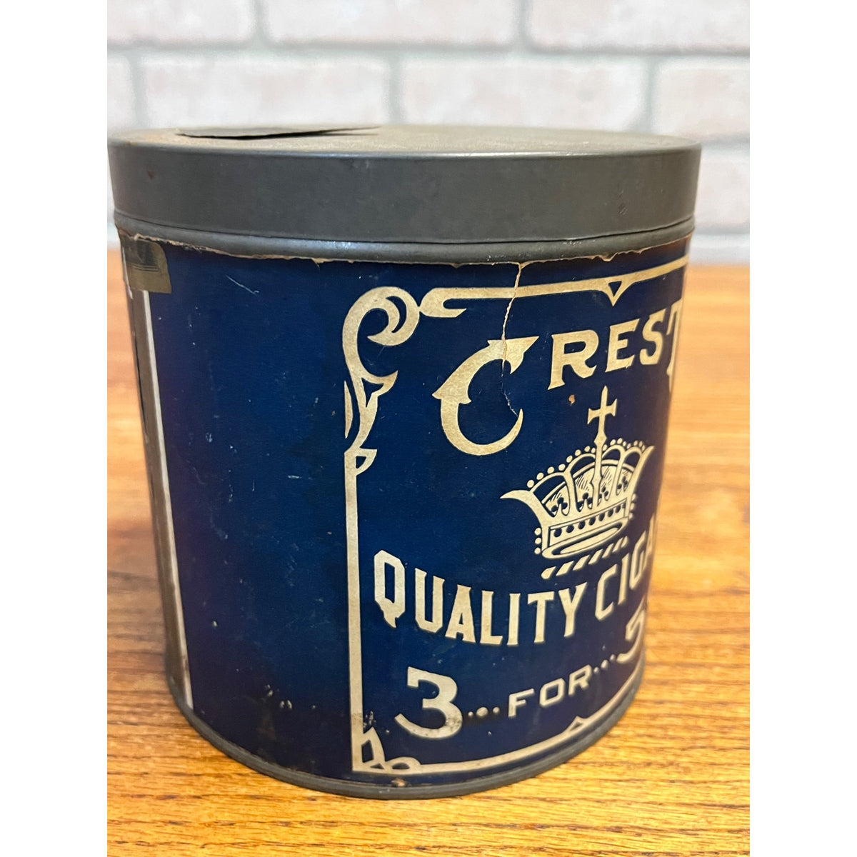 Vintage 1920s Crest Cigars Advertising Tin John Ulrich Cincinnati OH Paper Label