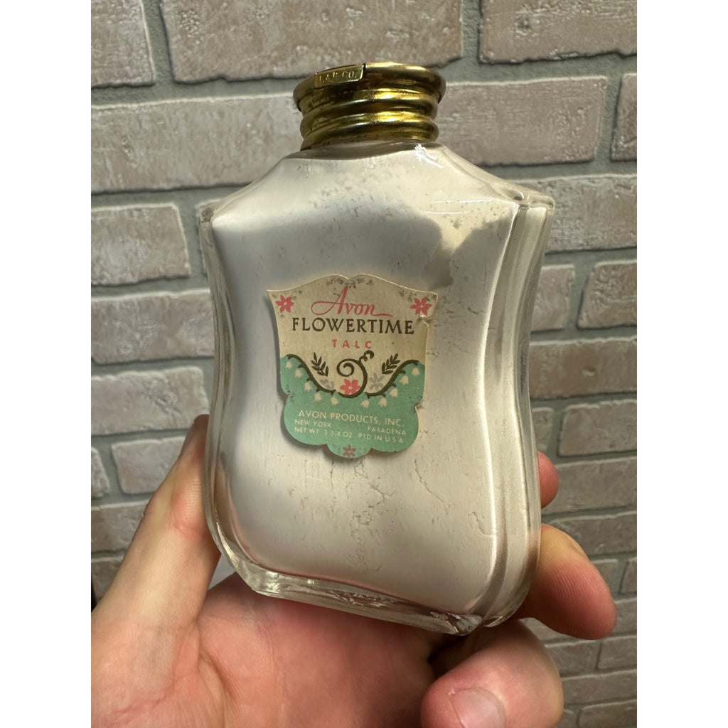 Vintage 1950s Avon Flowertime Talc 3 3/4 Oz. Glass Bottle 95% Full