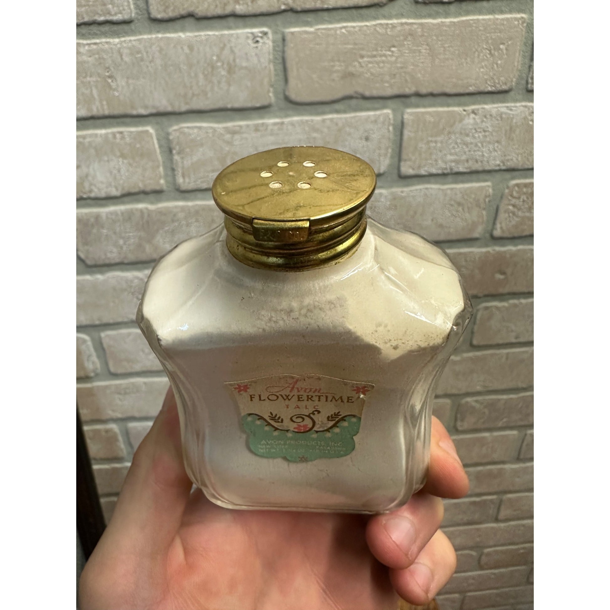 Vintage 1950s Avon Flowertime Talc 3 3/4 Oz. Glass Bottle 95% Full