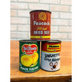 VINTAGE LITTLE PROMOTIONAL OR CHILDS TIN CANS KITCHEN SPAGHETTIOS BEEF PEACH