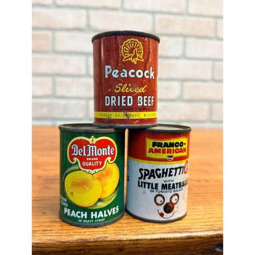 VINTAGE LITTLE PROMOTIONAL OR CHILDS TIN CANS KITCHEN SPAGHETTIOS BEEF PEACH