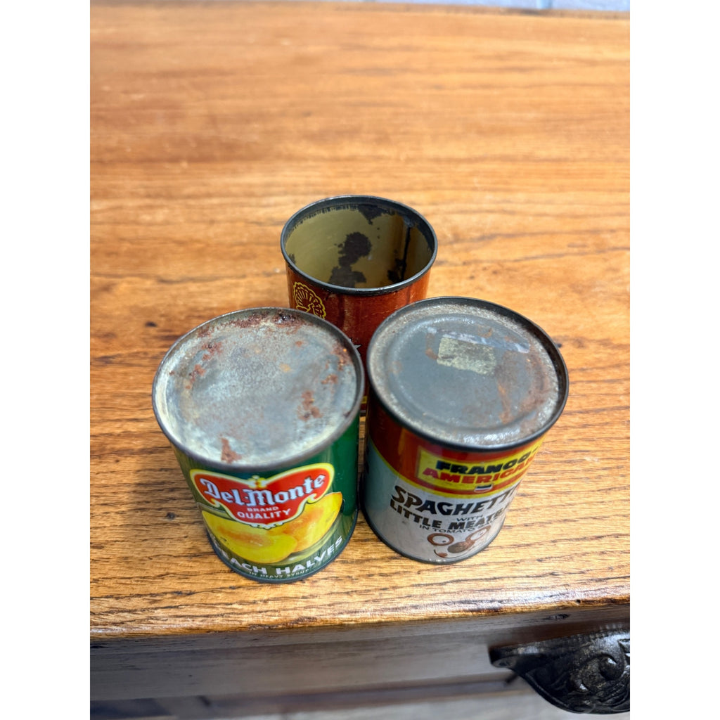 VINTAGE LITTLE PROMOTIONAL OR CHILDS TIN CANS KITCHEN SPAGHETTIOS BEEF PEACH