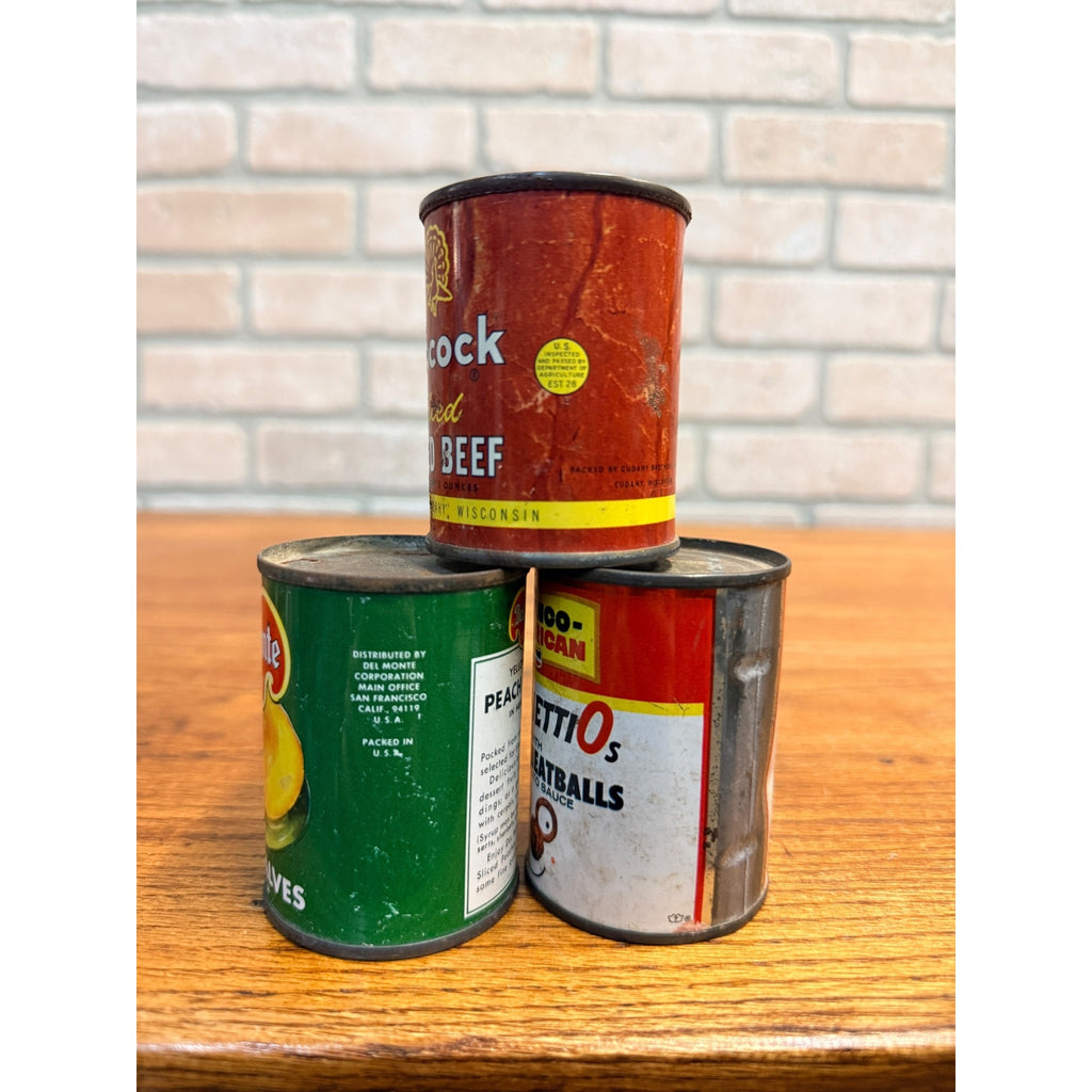 VINTAGE LITTLE PROMOTIONAL OR CHILDS TIN CANS KITCHEN SPAGHETTIOS BEEF PEACH