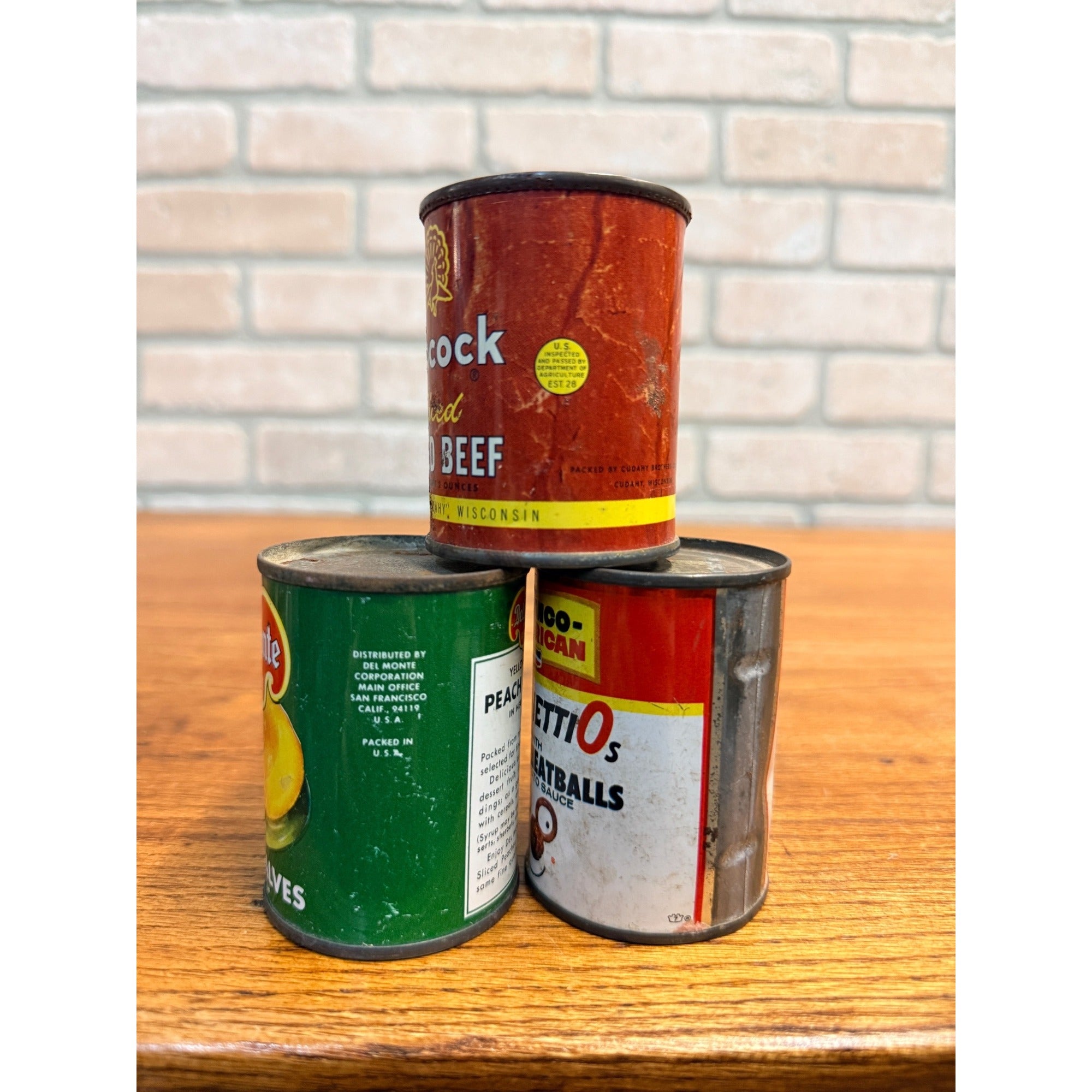 VINTAGE LITTLE PROMOTIONAL OR CHILDS TIN CANS KITCHEN SPAGHETTIOS BEEF PEACH