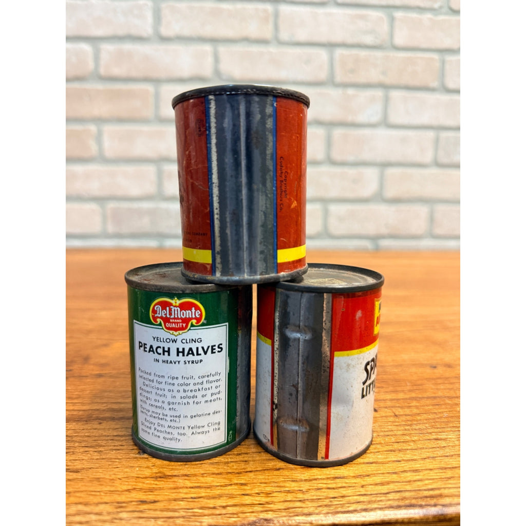 VINTAGE LITTLE PROMOTIONAL OR CHILDS TIN CANS KITCHEN SPAGHETTIOS BEEF PEACH