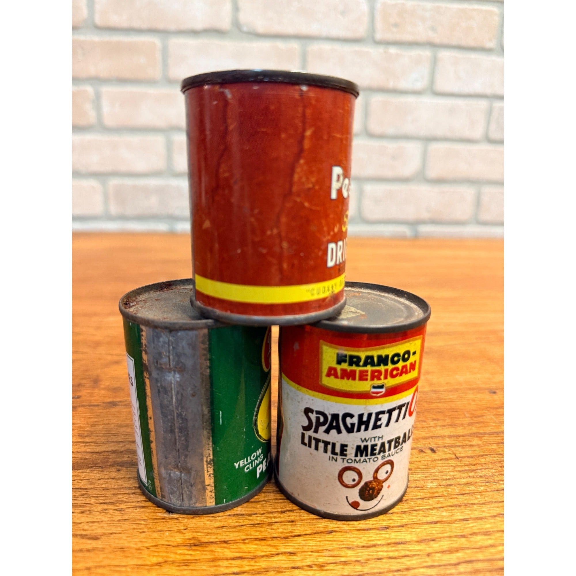 VINTAGE LITTLE PROMOTIONAL OR CHILDS TIN CANS KITCHEN SPAGHETTIOS BEEF PEACH