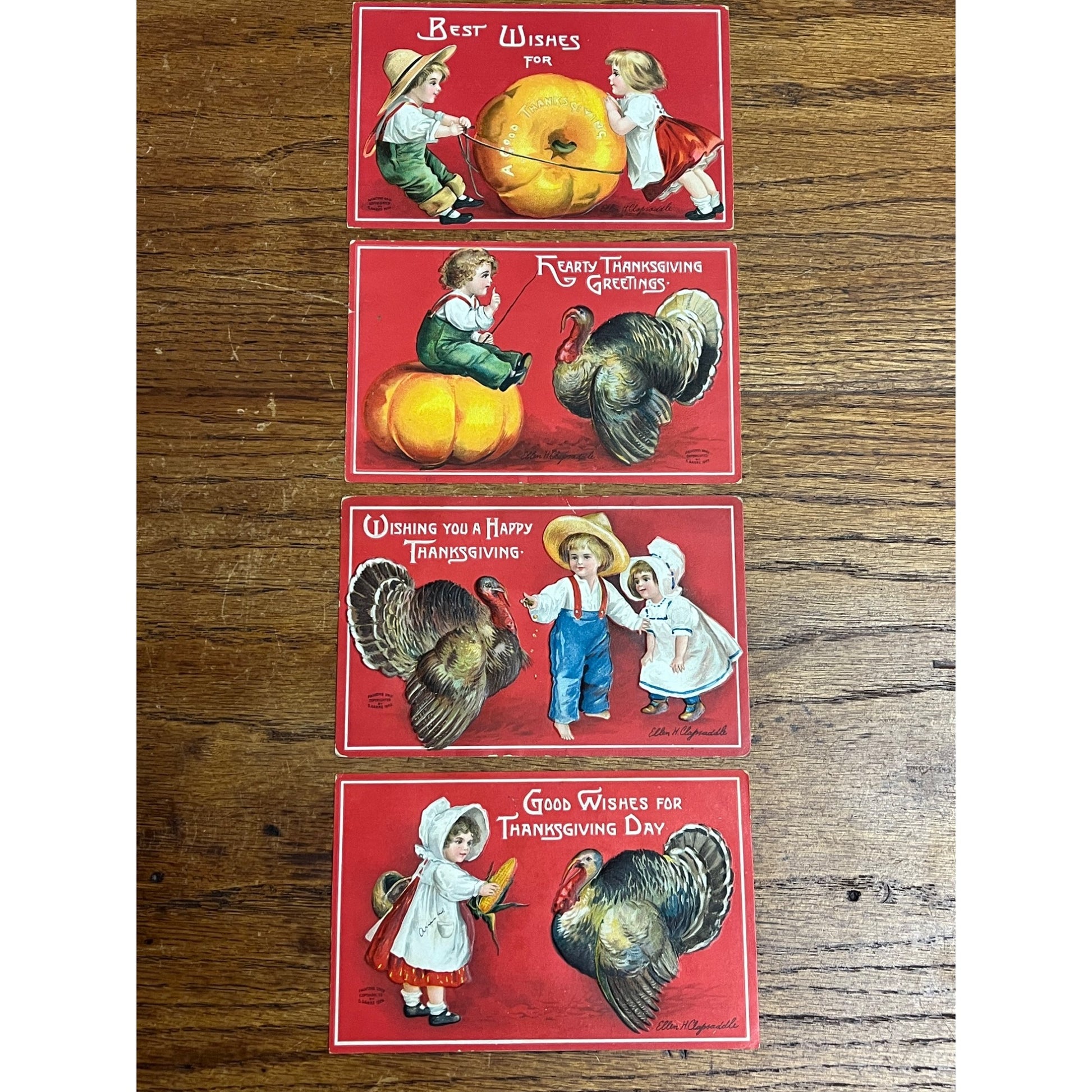 Vintage Ellen H. Clapsaddle Signed Thanksgiving Postcards (4) Red Backgrounds