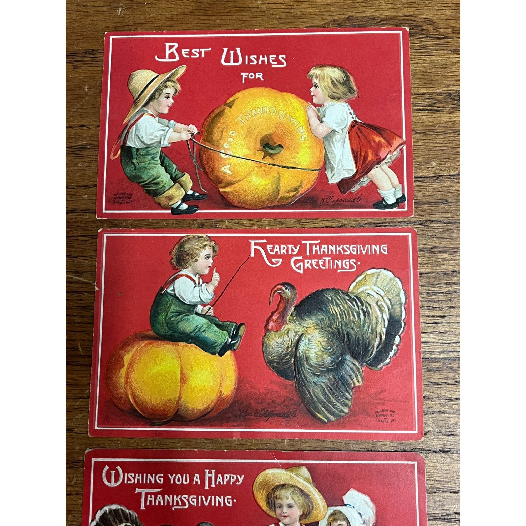 Vintage Ellen H. Clapsaddle Signed Thanksgiving Postcards (4) Red Backgrounds