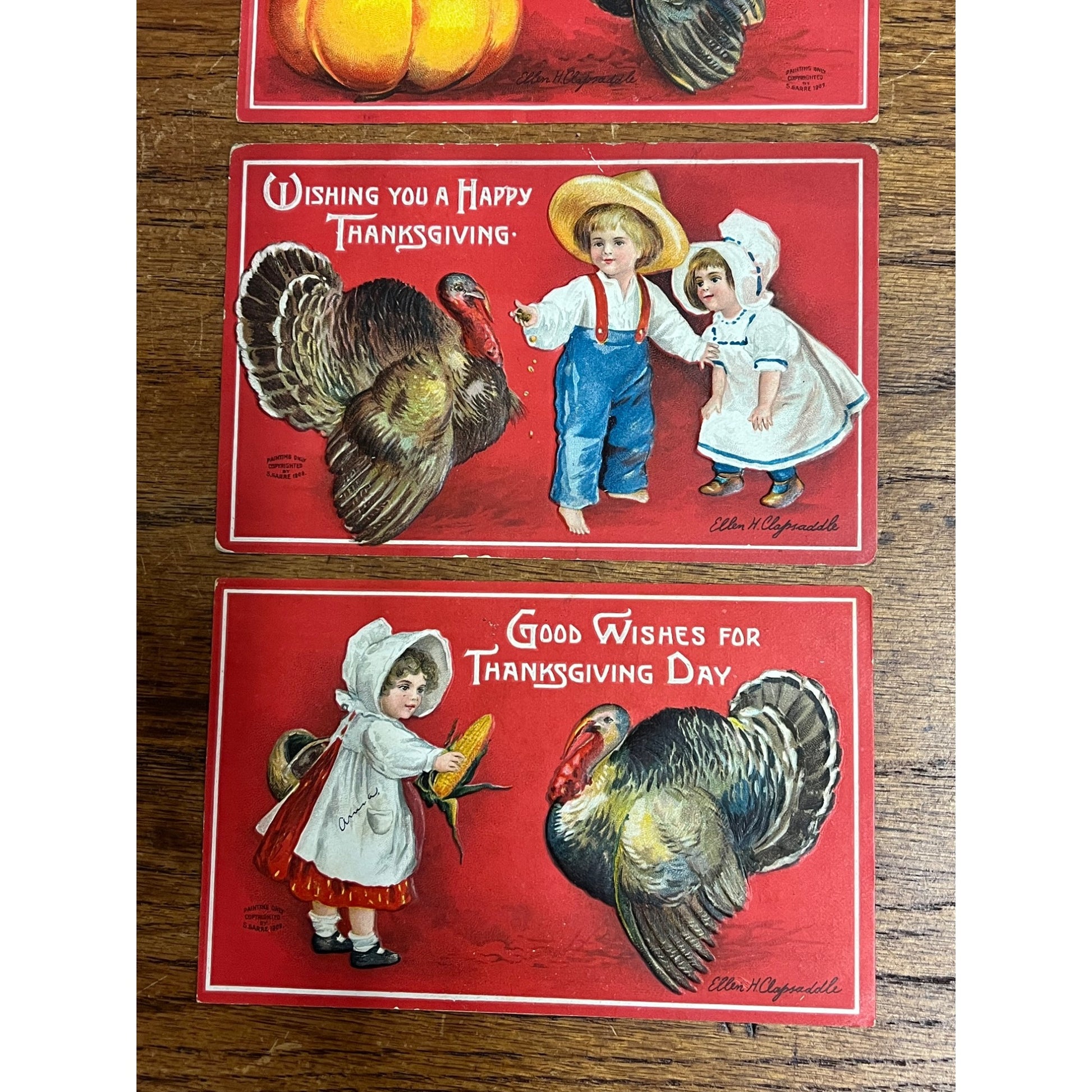Vintage Ellen H. Clapsaddle Signed Thanksgiving Postcards (4) Red Backgrounds