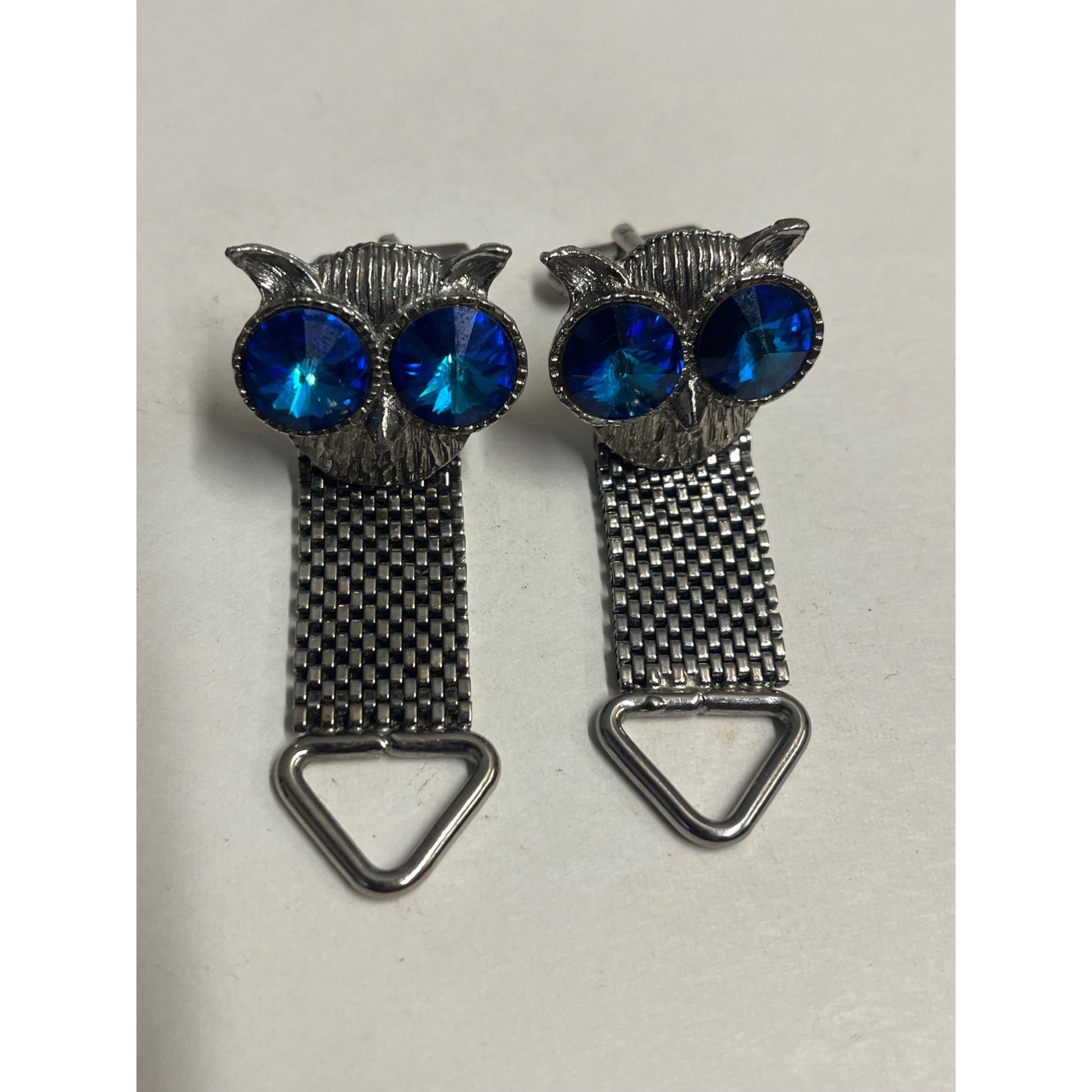 Vintage MCM Owl & Blue Glass Eyes Men's Cufflinks Pair Silver-Tone Mesh Mid-Century