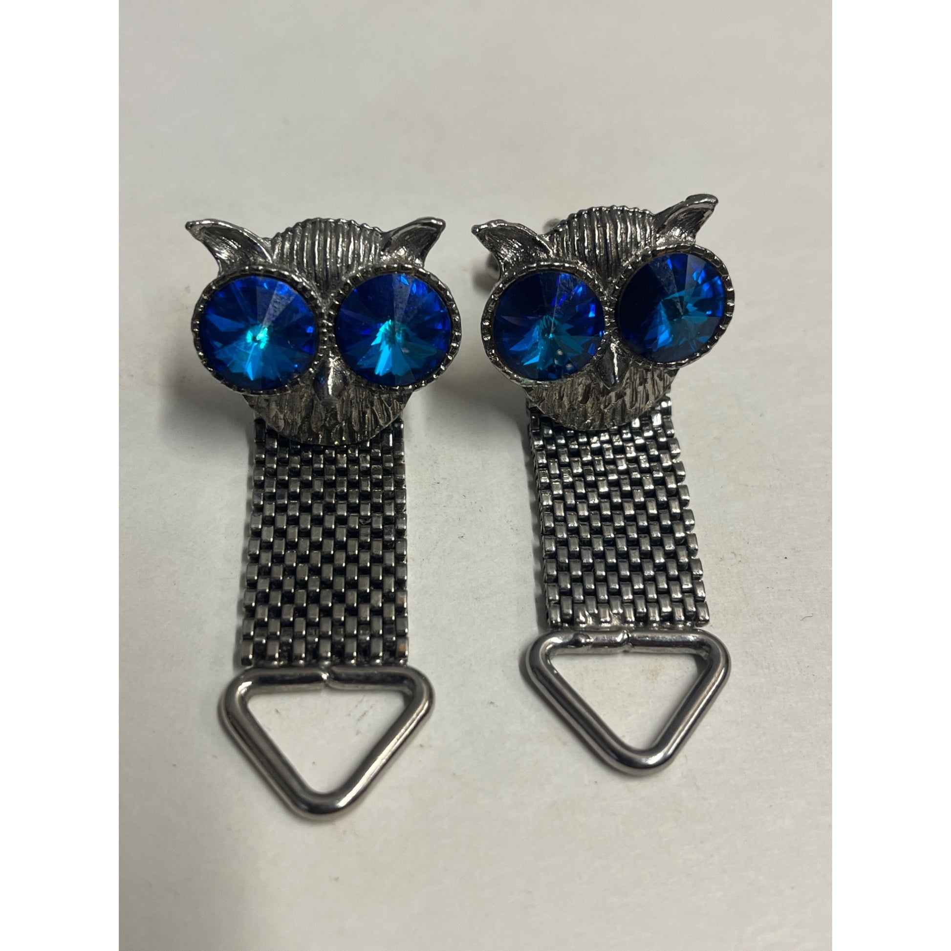 Vintage MCM Owl & Blue Glass Eyes Men's Cufflinks Pair Silver-Tone Mesh Mid-Century