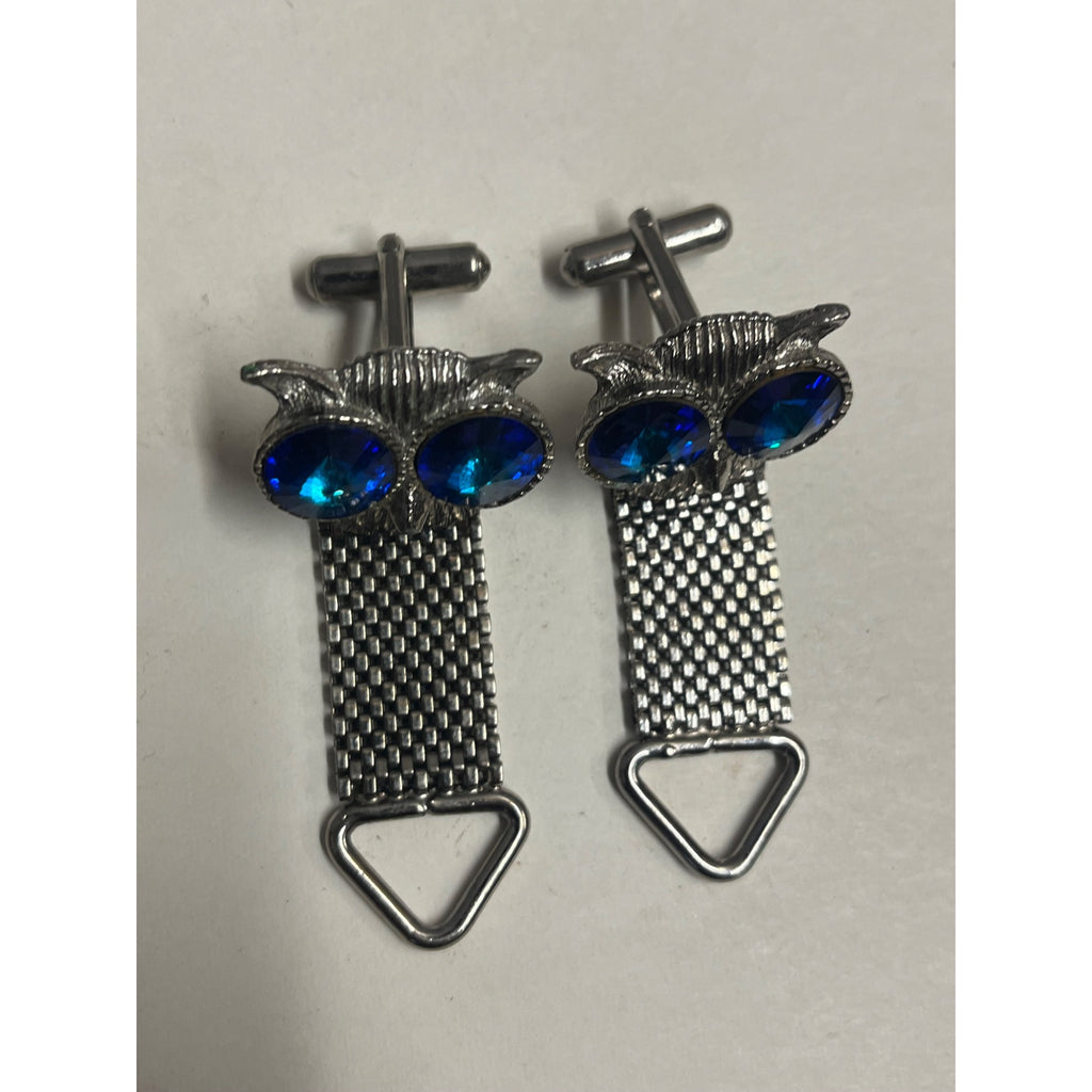 Vintage MCM Owl & Blue Glass Eyes Men's Cufflinks Pair Silver-Tone Mesh Mid-Century