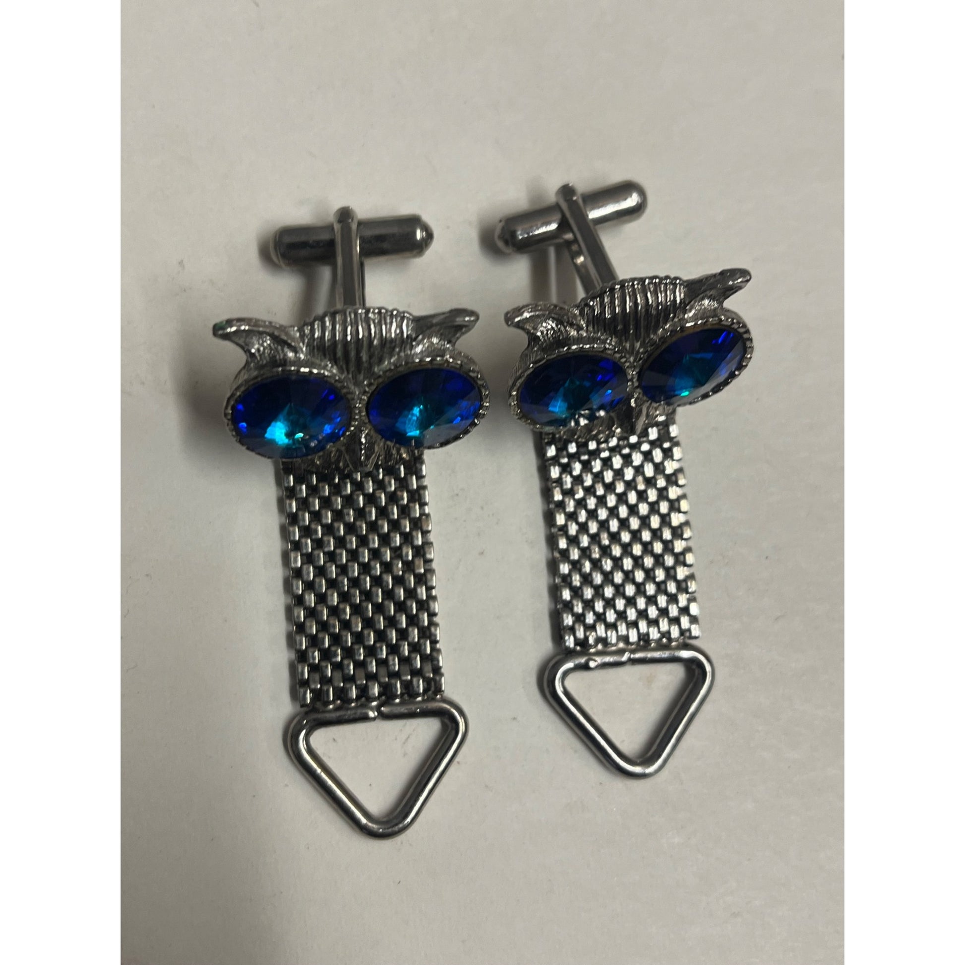 Vintage MCM Owl & Blue Glass Eyes Men's Cufflinks Pair Silver-Tone Mesh Mid-Century