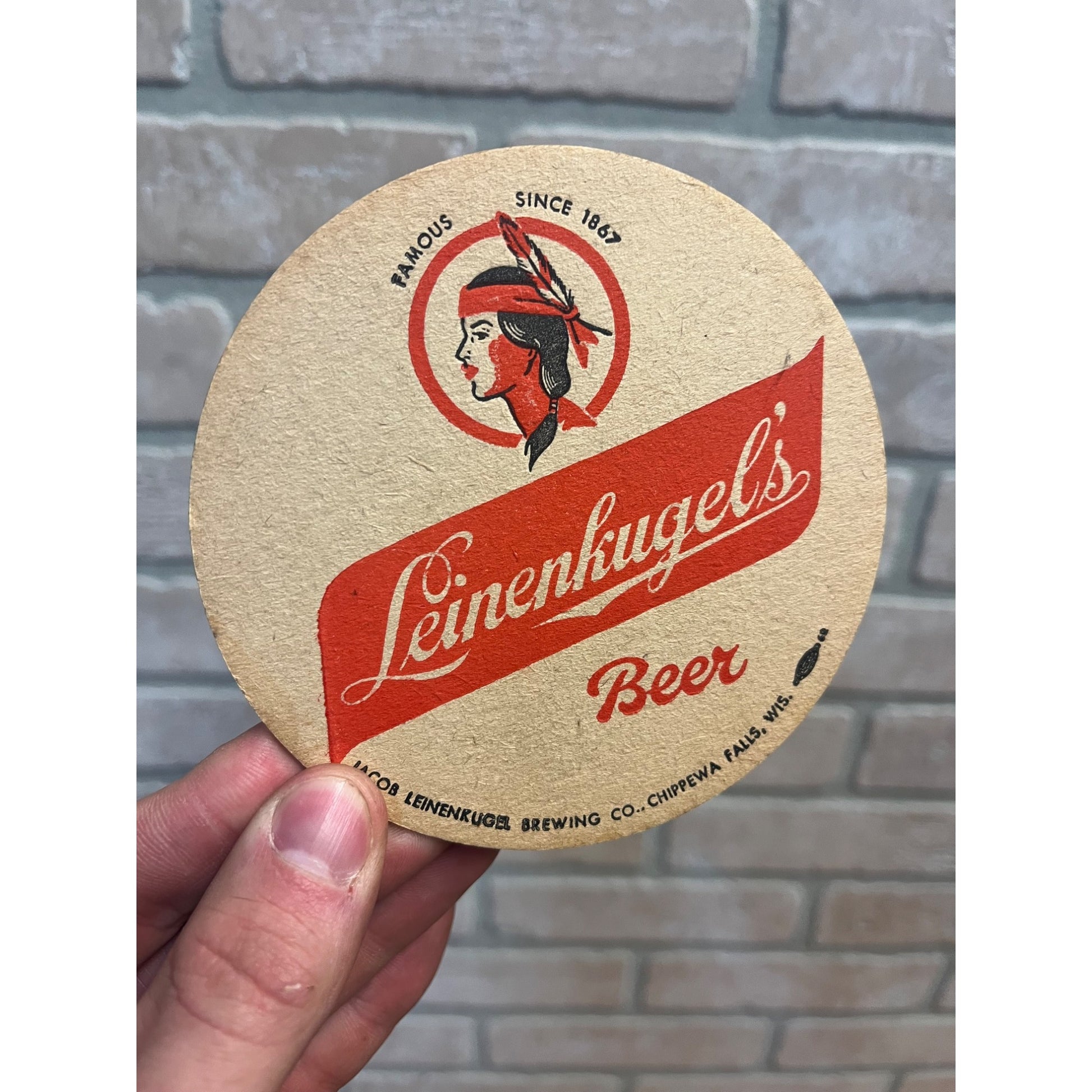 Vintage 1960s Leinenkugels Beer Coaster Chippewa Falls Wisconsin 4.25" Indian