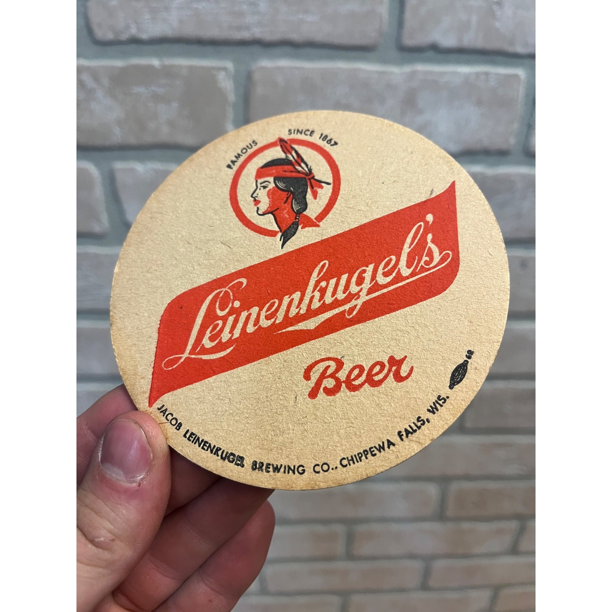 Vintage 1960s Leinenkugels Beer Coaster Chippewa Falls Wisconsin 4.25" Indian