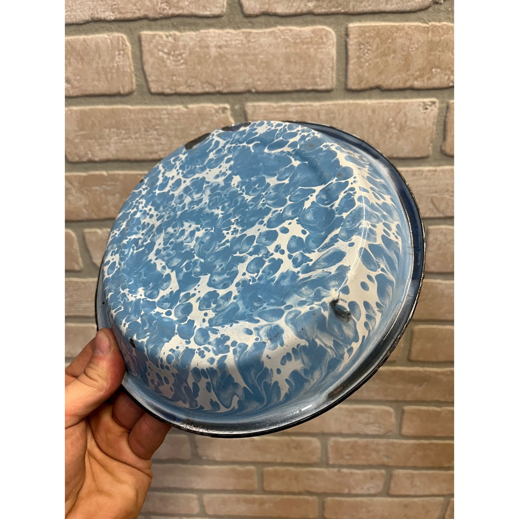 Antique Primitive Light Blue and White Swirl Enamel Graniteware Round Pie Pan/ Baking Dish/ Farmhouse Decor