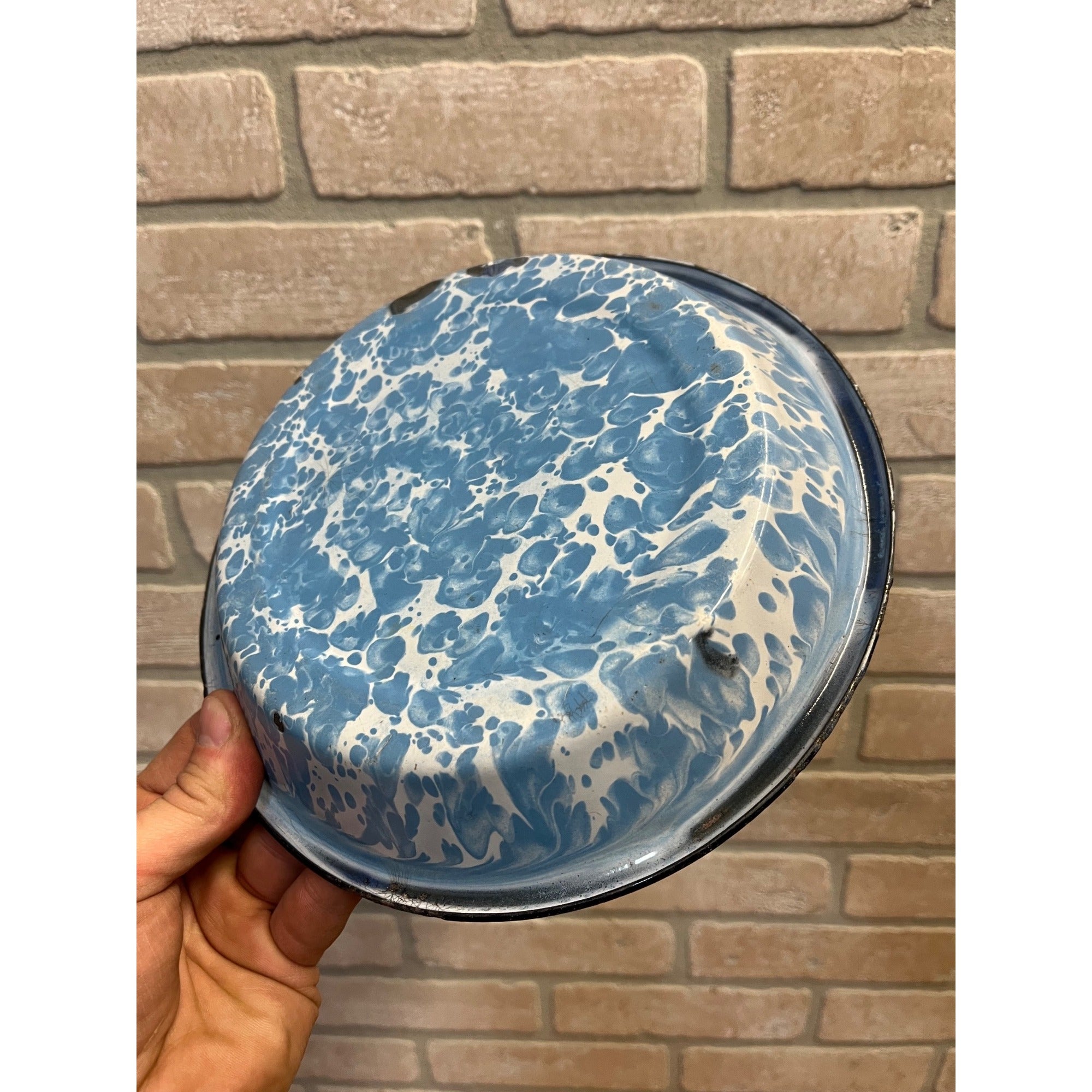 Antique Primitive Light Blue and White Swirl Enamel Graniteware Round Pie Pan/ Baking Dish/ Farmhouse Decor