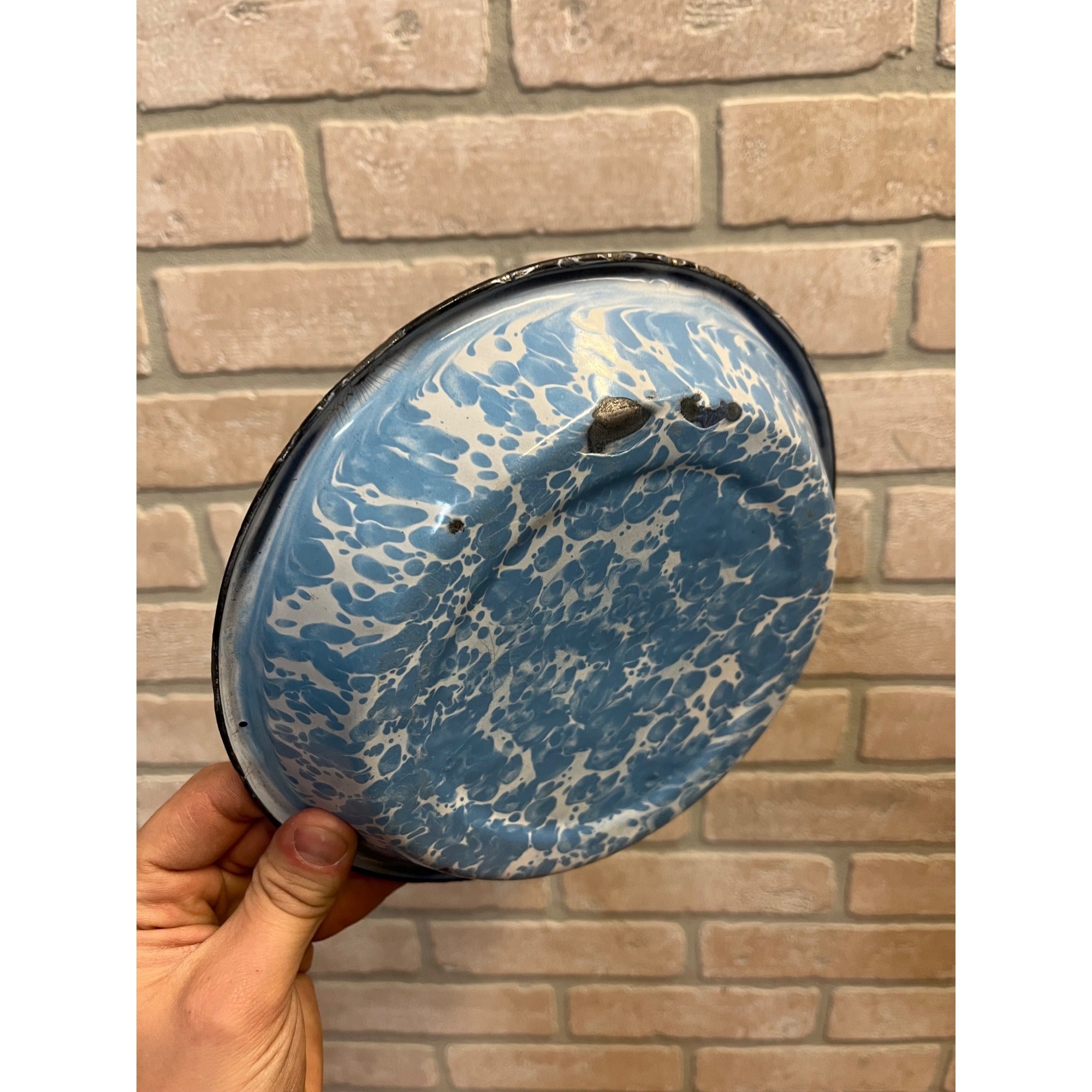 Antique Primitive Light Blue and White Swirl Enamel Graniteware Round Pie Pan/ Baking Dish/ Farmhouse Decor