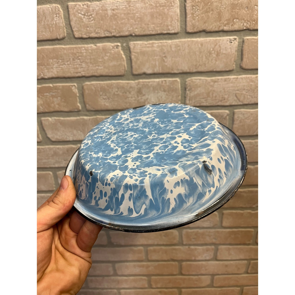 Antique Primitive Light Blue and White Swirl Enamel Graniteware Round Pie Pan/ Baking Dish/ Farmhouse Decor