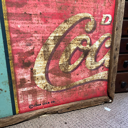 Antique Framed Coca-Cola Bottle Soda Pop Metal Sign Wood Frame