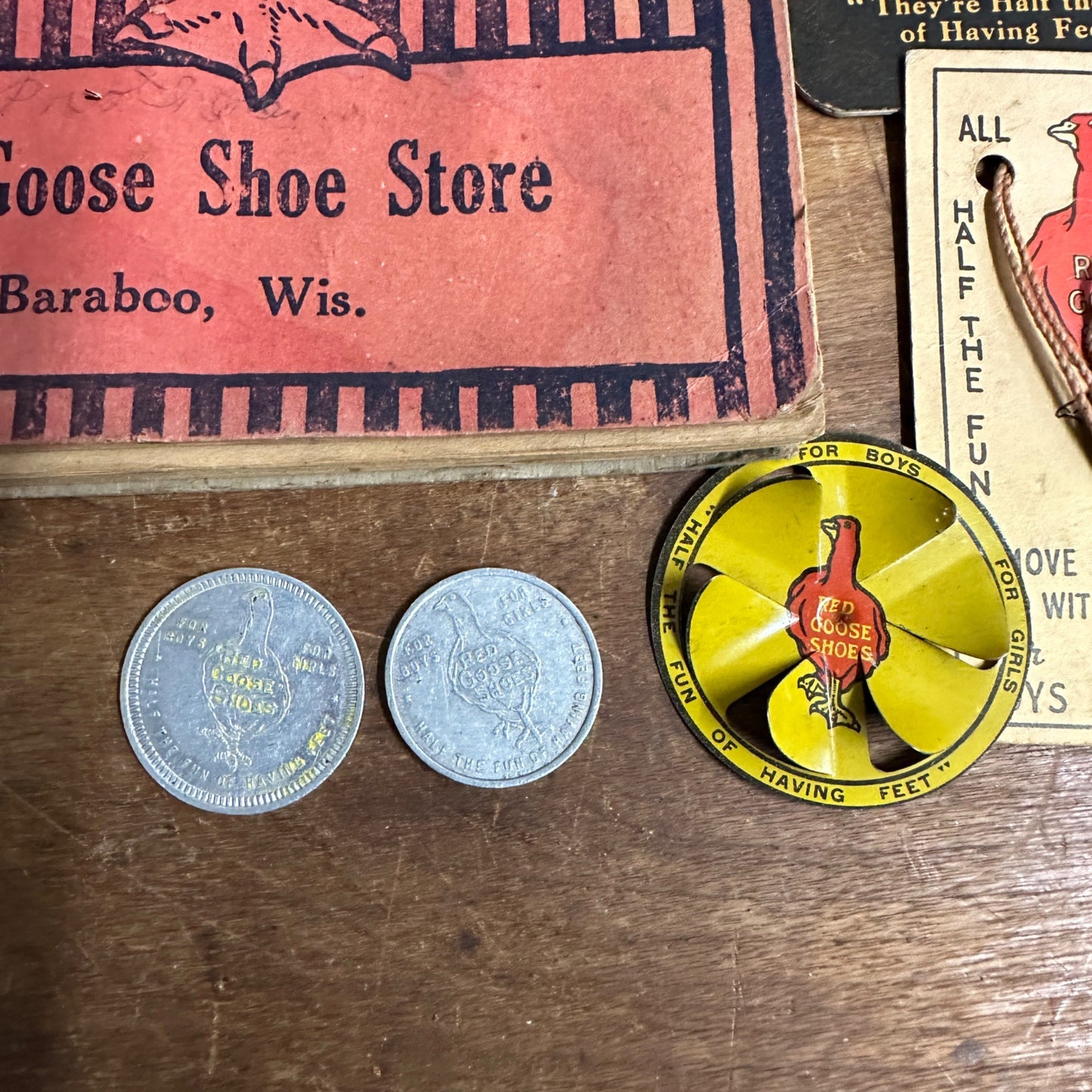ANTIQUE RED GOOSE SHOES LOT BOOK NOTEPAD STRING GAME SPINNER COINS