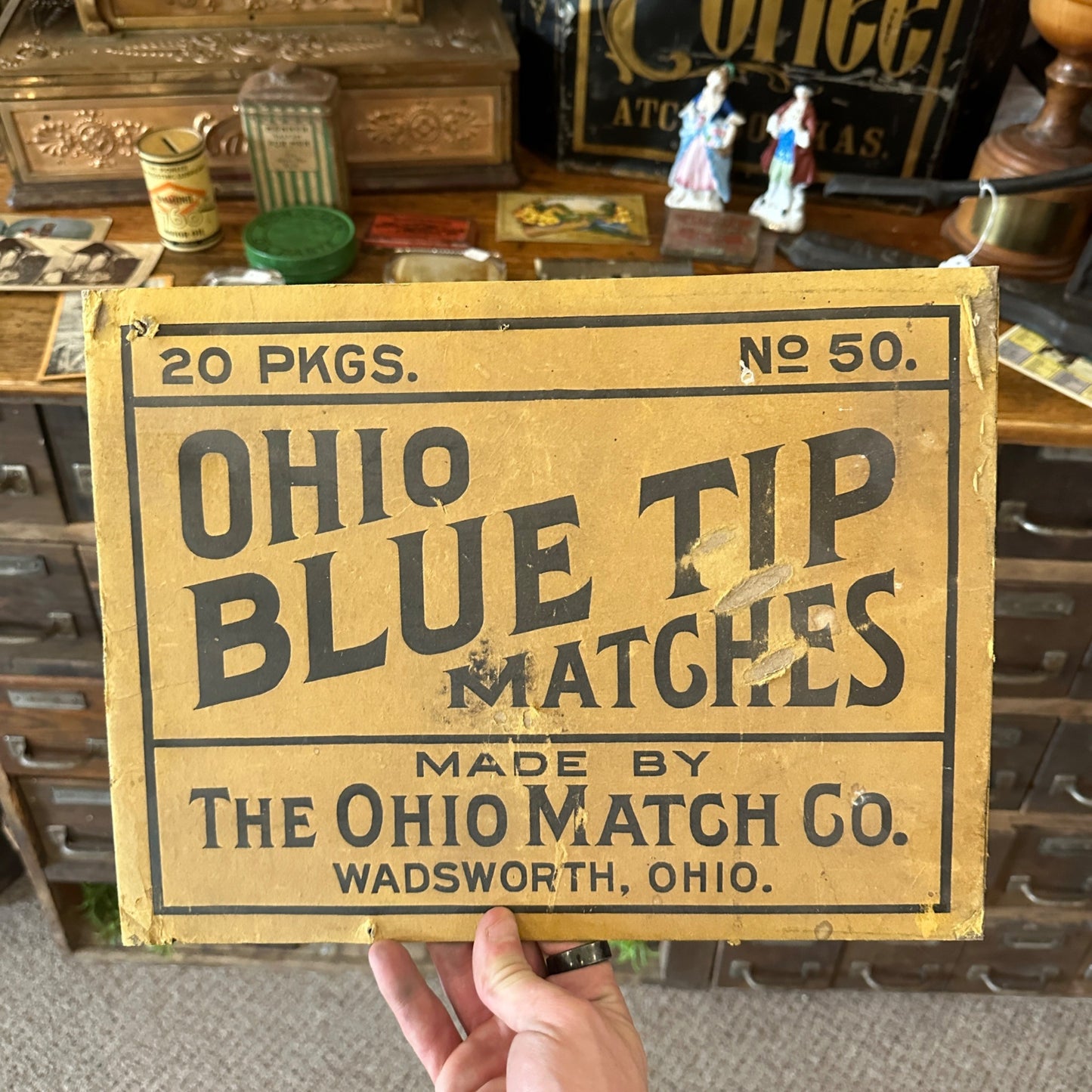 Vintage Ohio Blue Tip Matches Cardboard Advertising Sign Box End