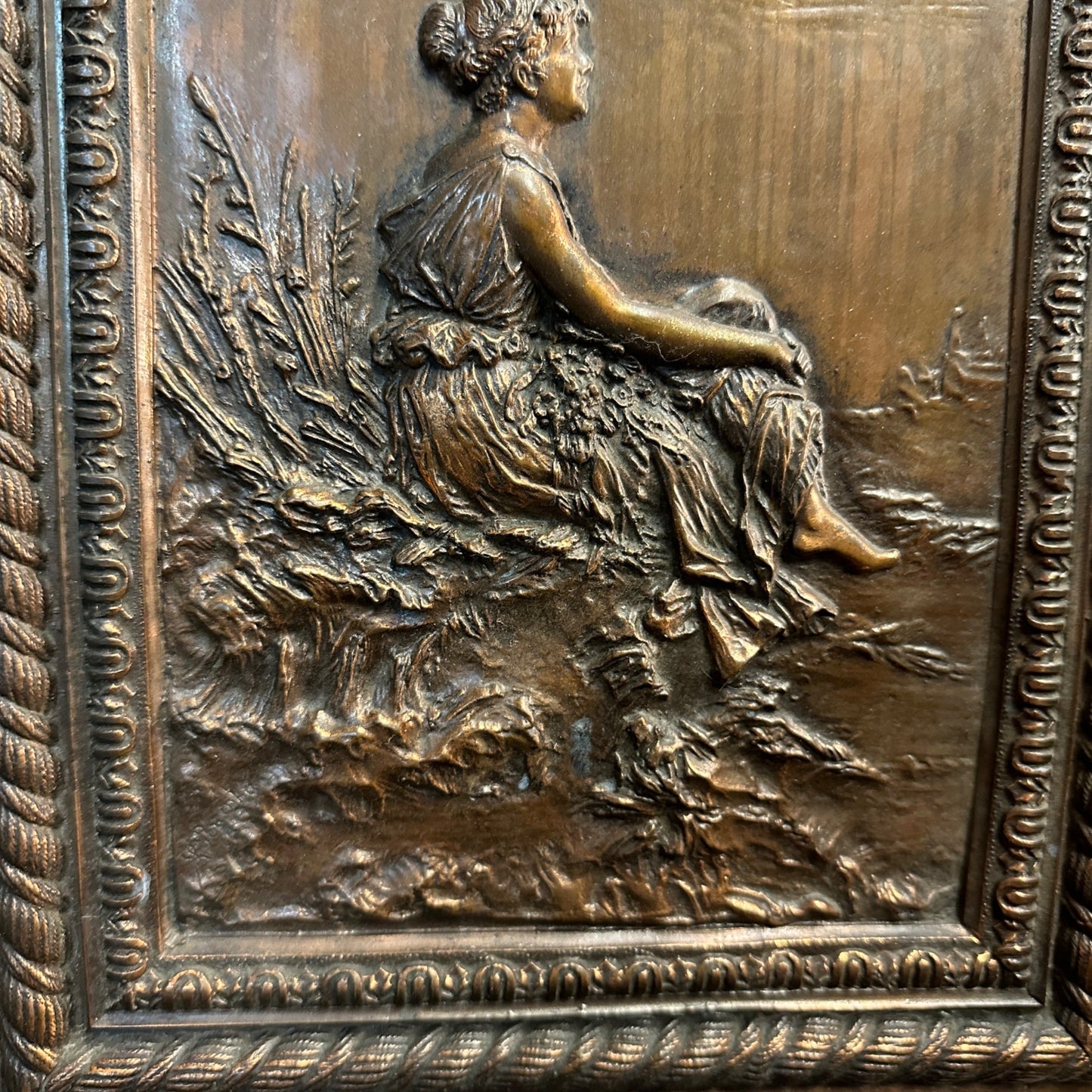 Antique 19th C. Bronze Copper Relief of Woman - 10" by 12.5" - Architectural Wall Panel