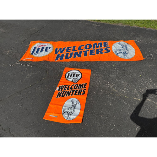 (2) Vintage 2000s Miller Lite Welcome Hunters Banner – 8ft Deer Hunting sign