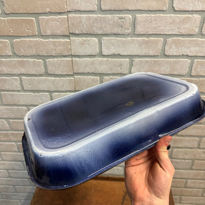 Antique Primitive Blue White Swirl Enamelware Baking Pan Dish Vintage Farmhouse