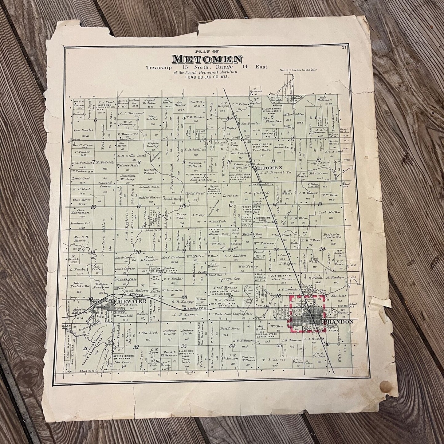 Antique 1893 Metomen Brandon Wisconsin Wis Plat Map Township